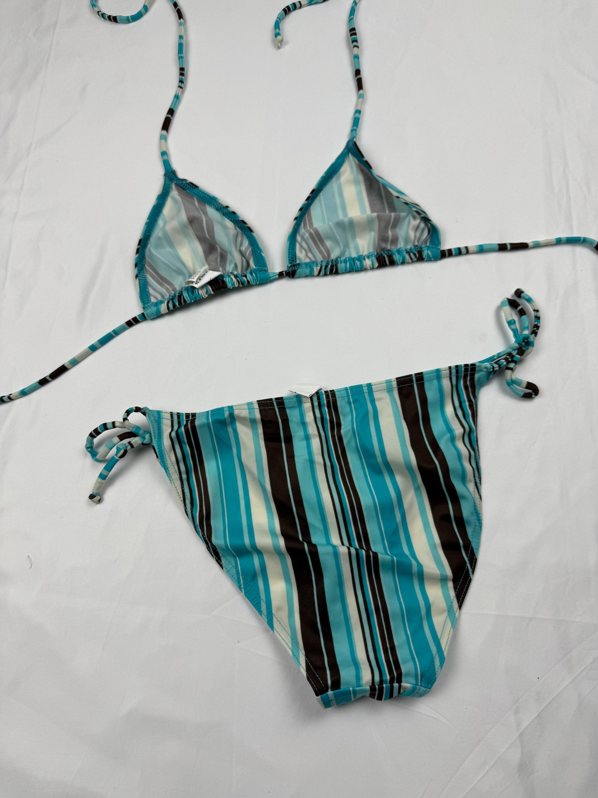 Blue tie up striped low rise bikini set (M)