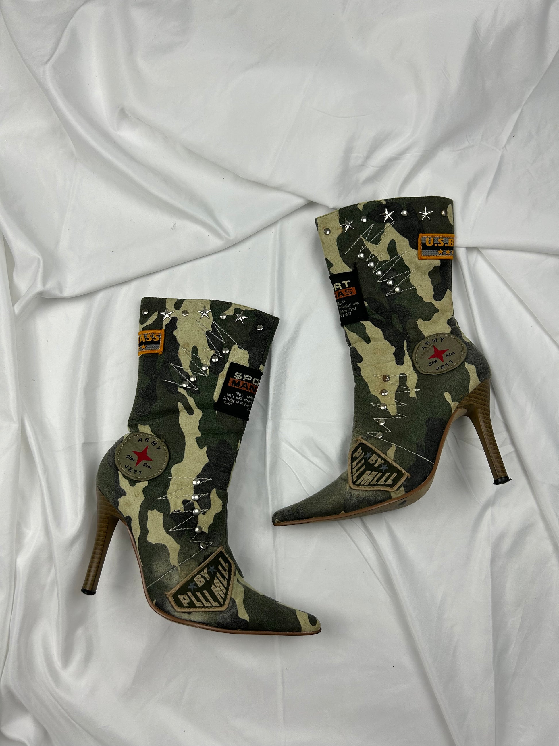 Khaki camo print pointed toes kitten heels boots (36)