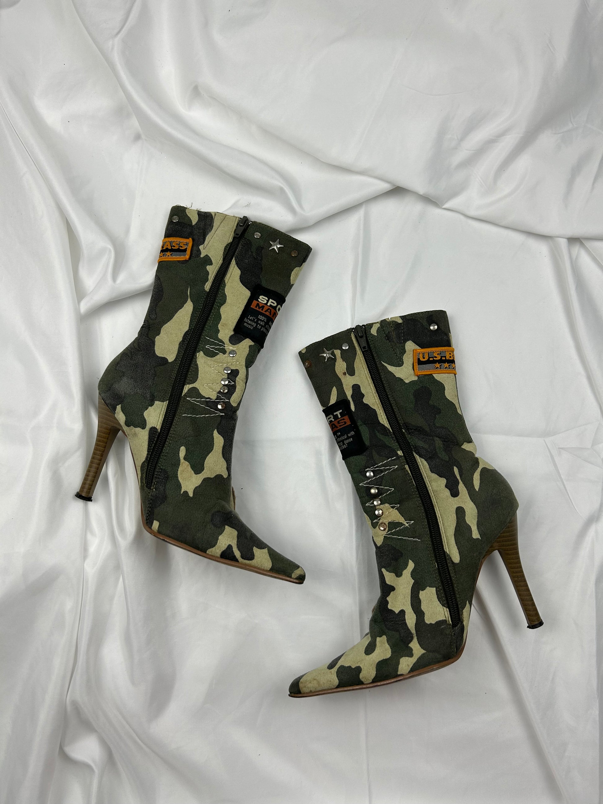 Khaki camo print pointed toes kitten heels boots (36)