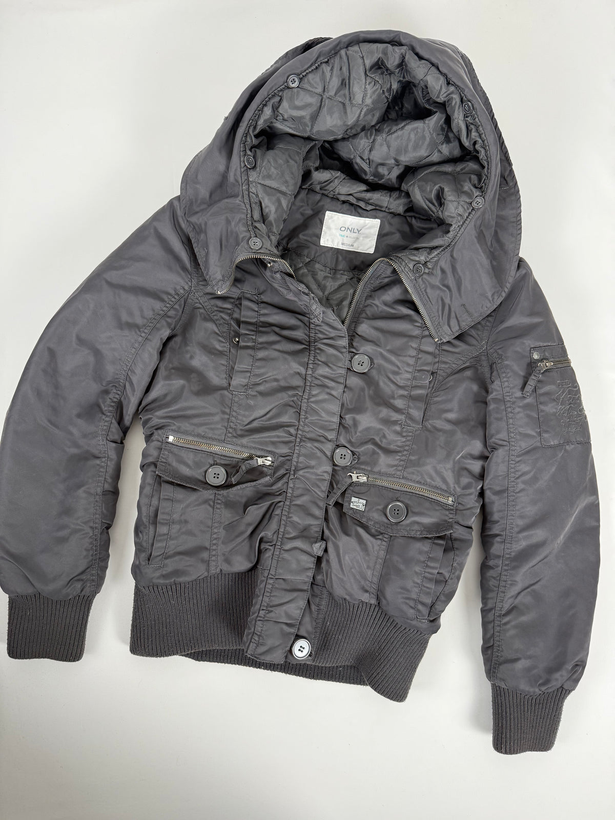 Grey puffer hooded biker jacket (M)