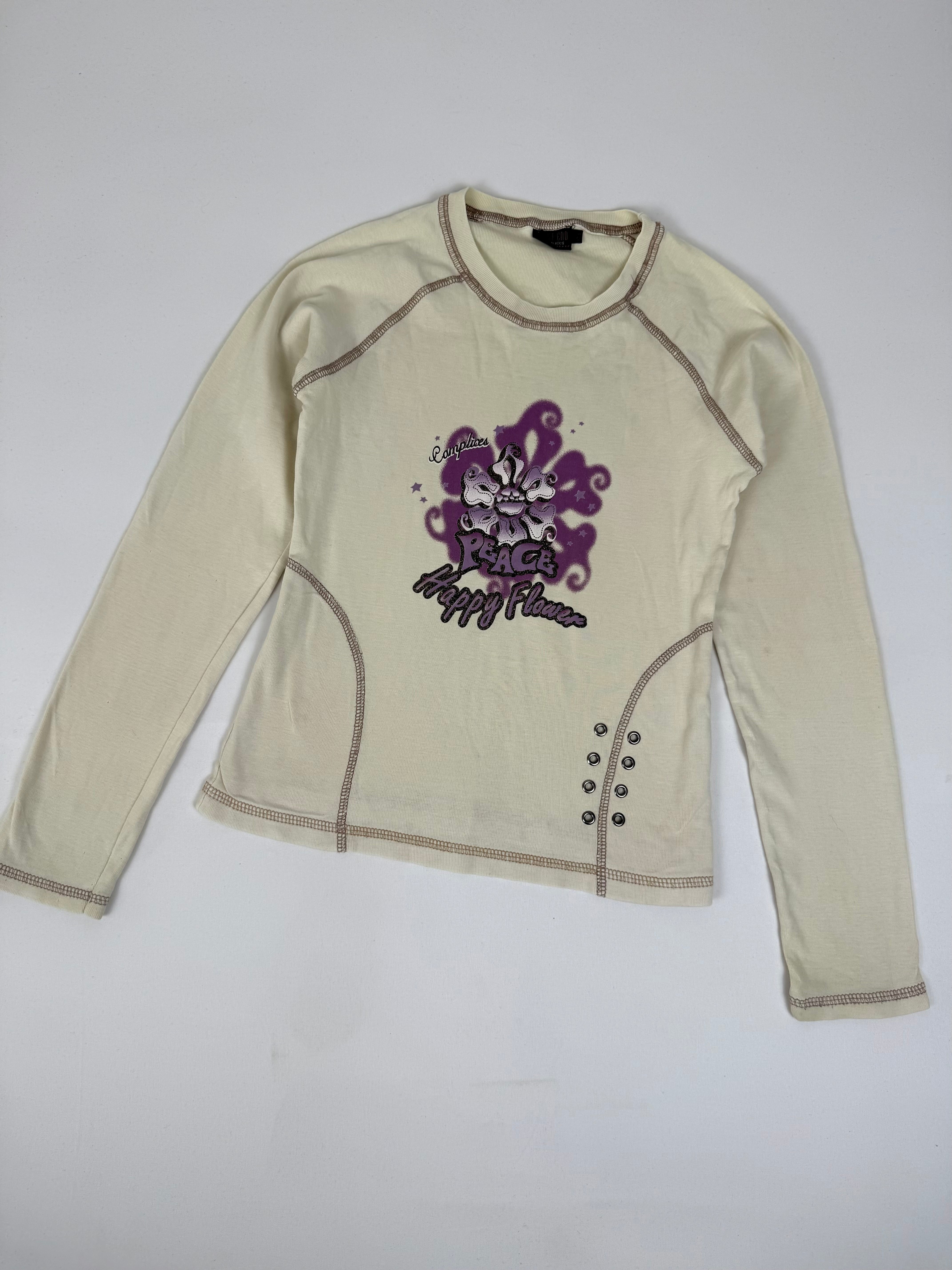 Beige graphic long sleeves top (S)