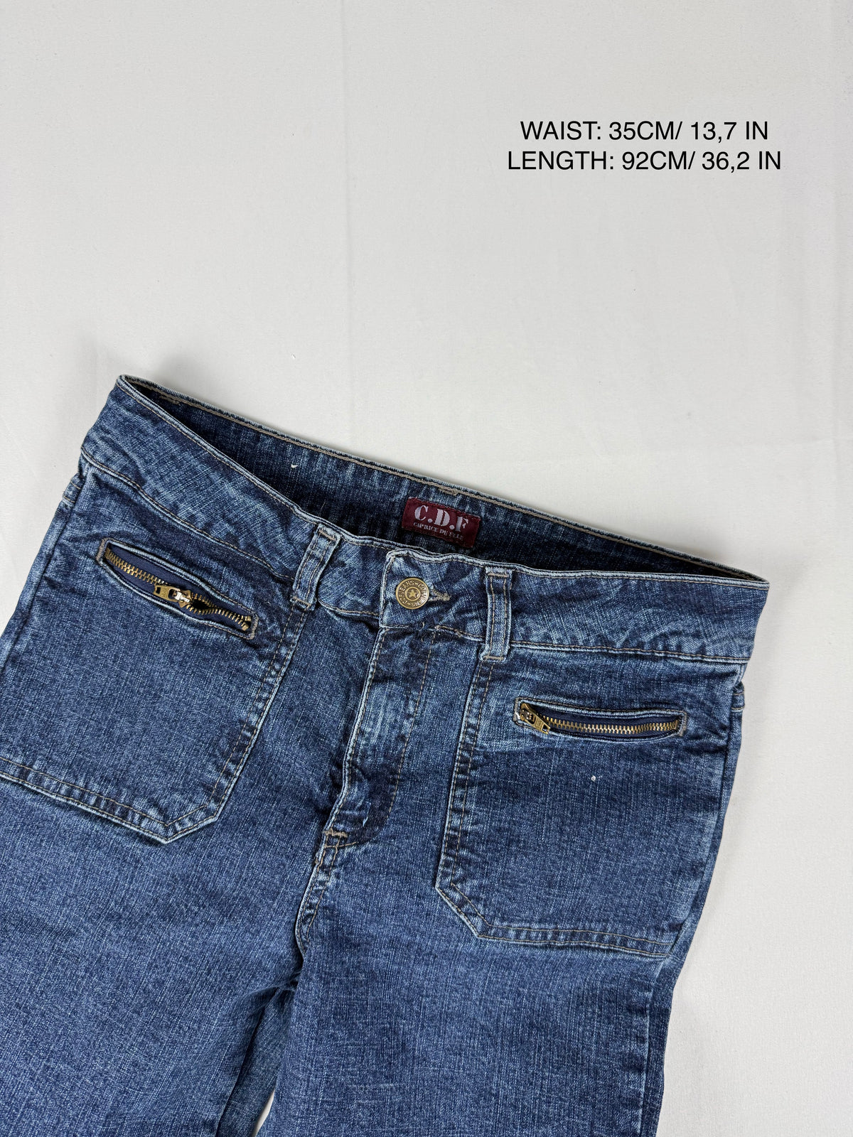 Blue denim low rise flare pants (XS)