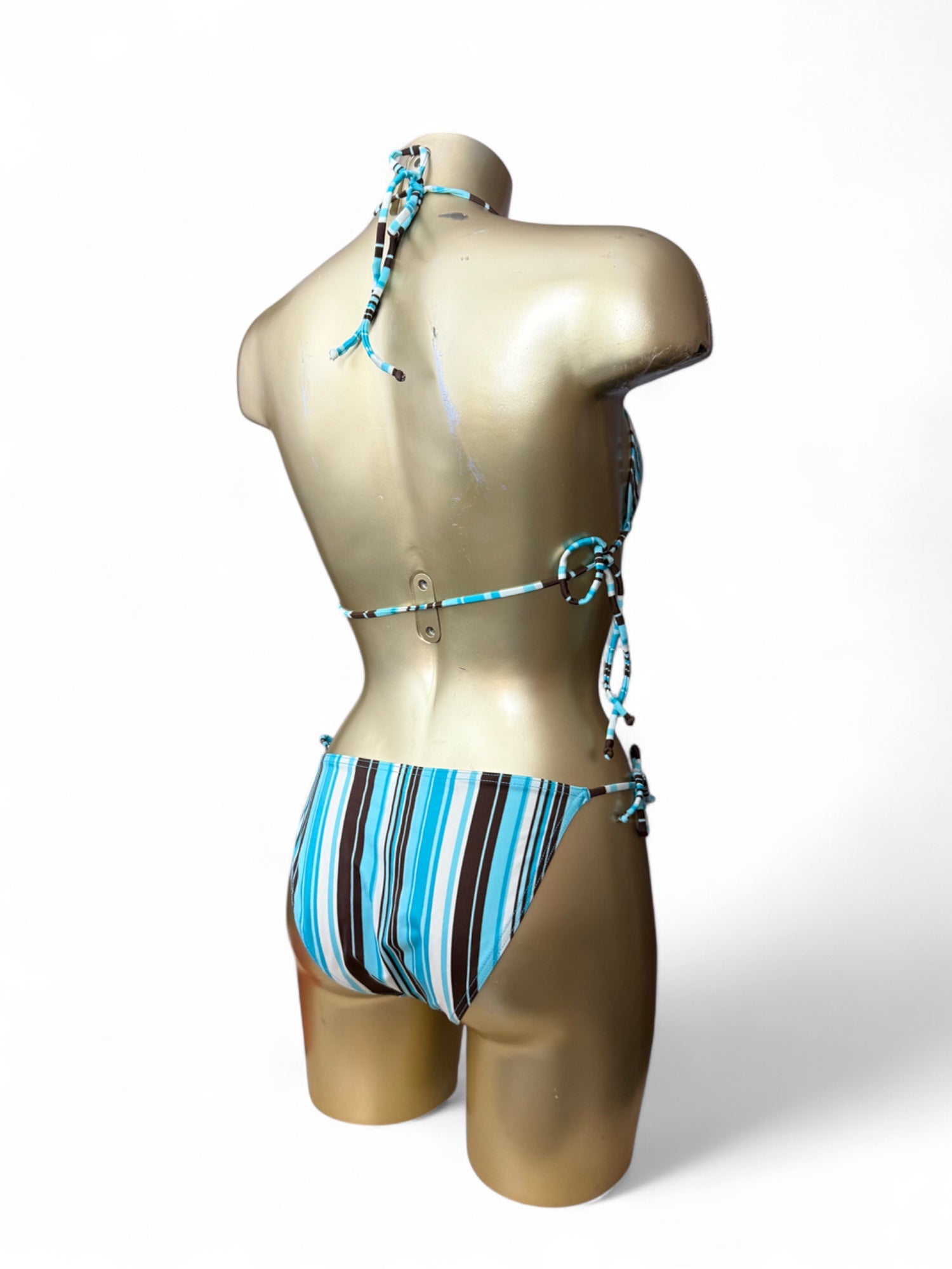 Blue tie up striped low rise bikini set (M)