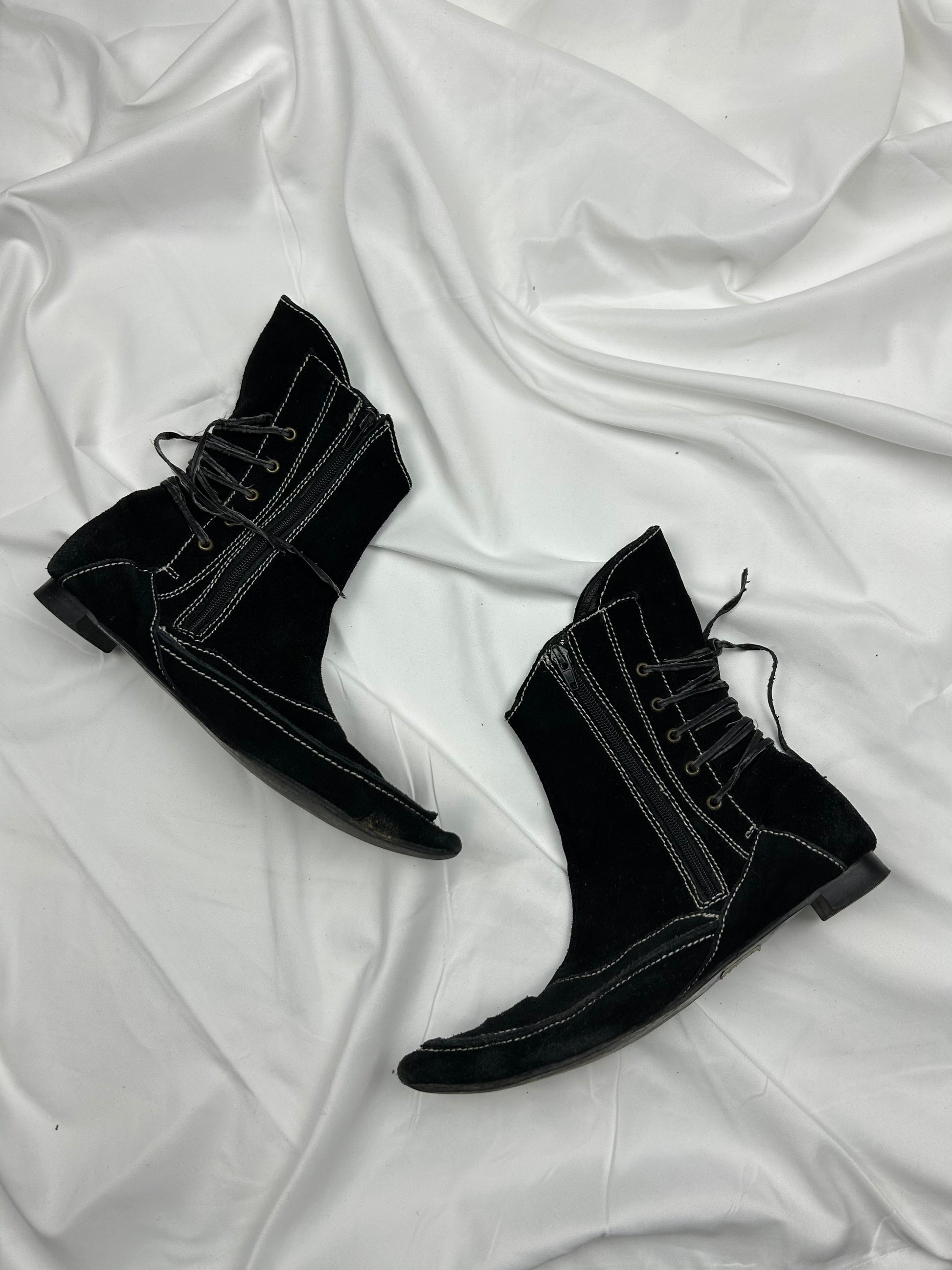 Black pointed  toes lace up boots suede shoes (37)