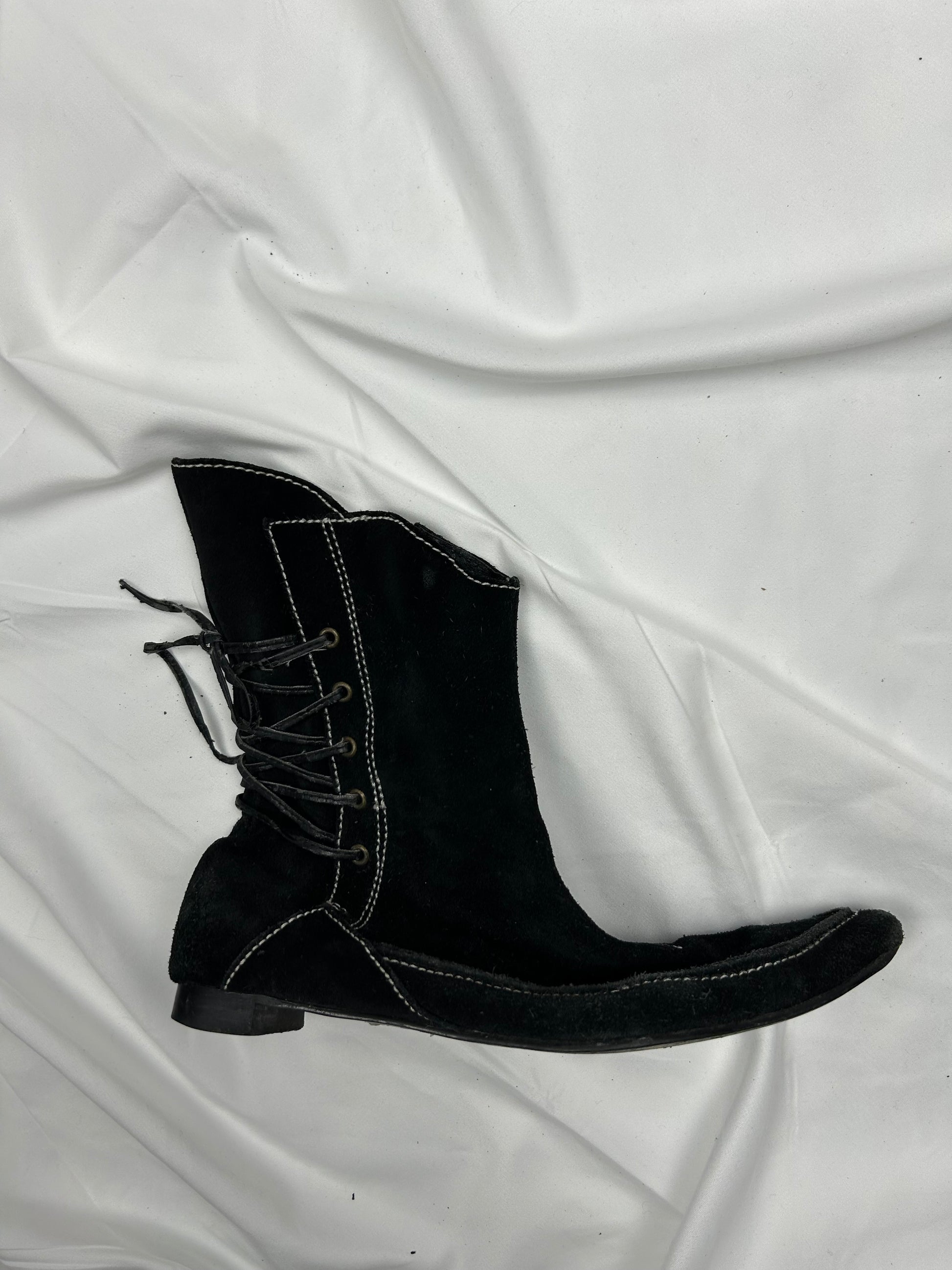 Black pointed  toes lace up boots suede shoes (37)