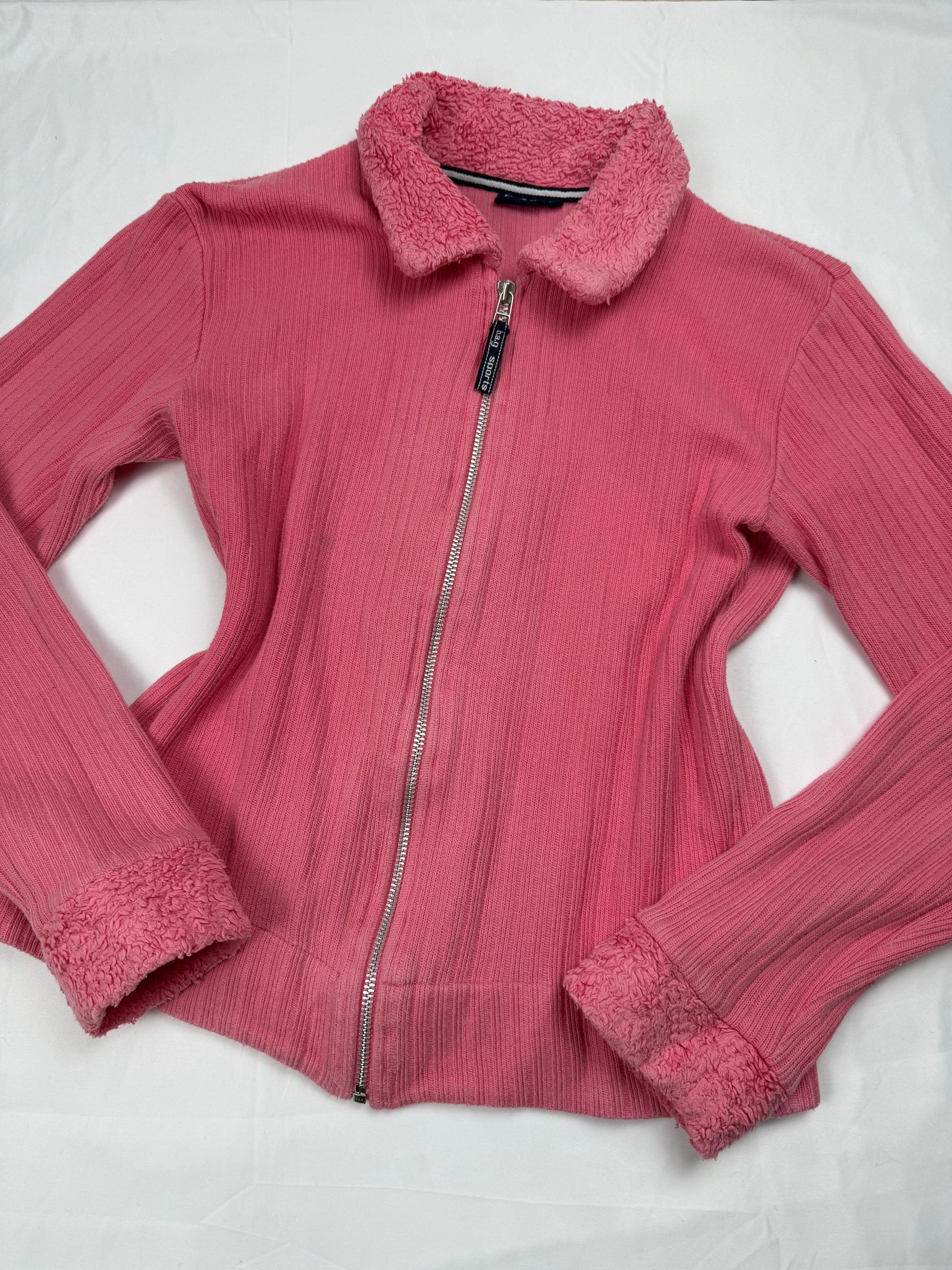 Pink zip up faux fur neck biker jacket (M)