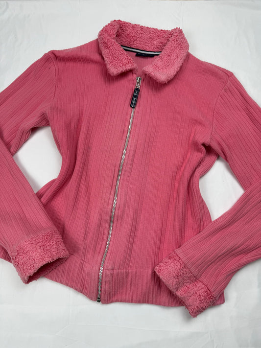 Pink zip up faux fur neck biker jacket (M)