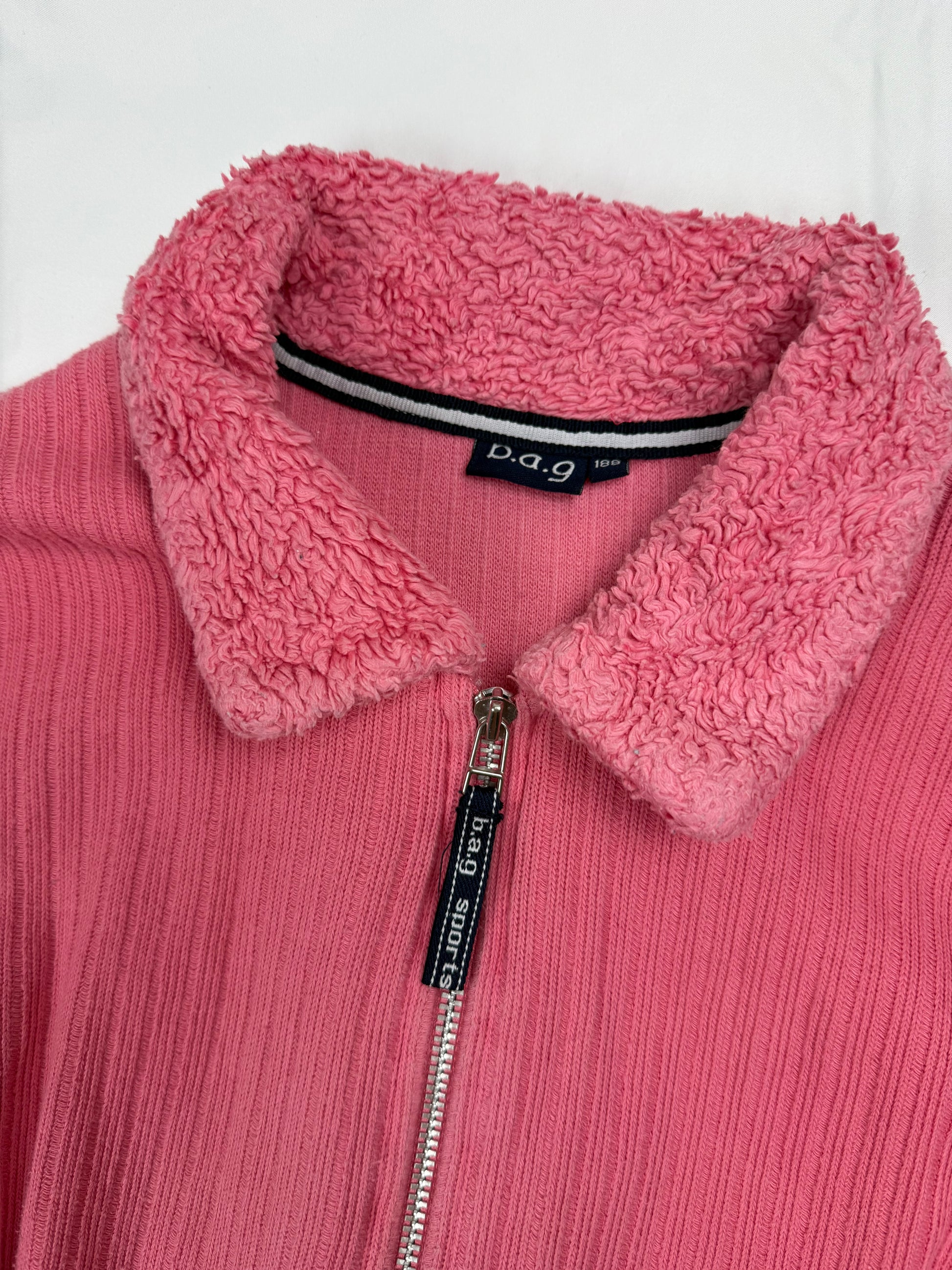 Pink zip up faux fur neck biker jacket (M)