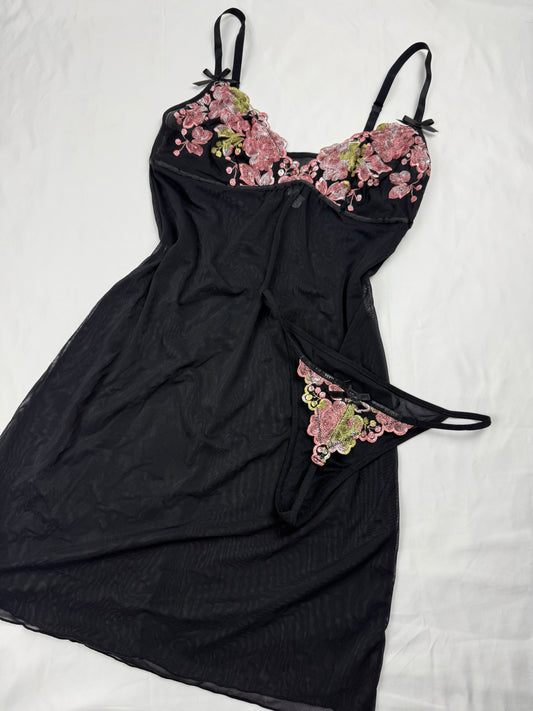 Black mesh babydoll mini dress + thong set (S/M)