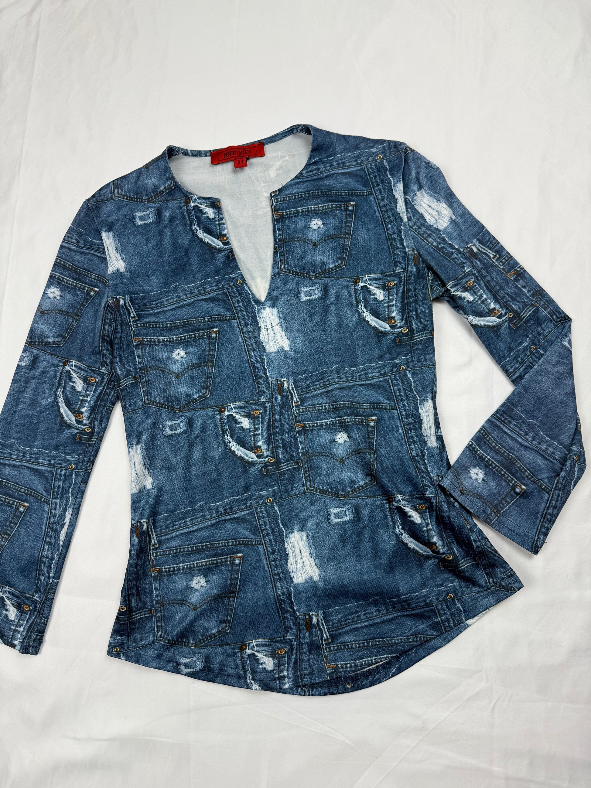 Blue denim print tight fit long sleeves top (S)