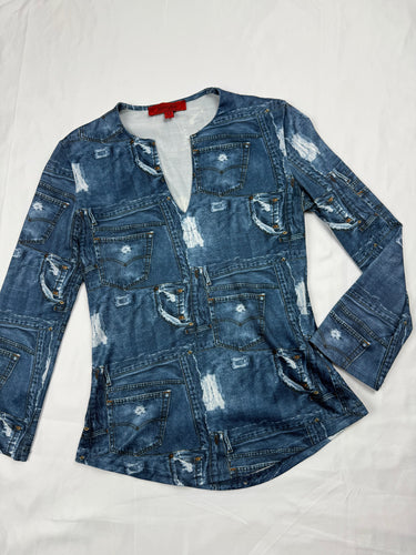 Blue denim print tight fit long sleeves top (S)