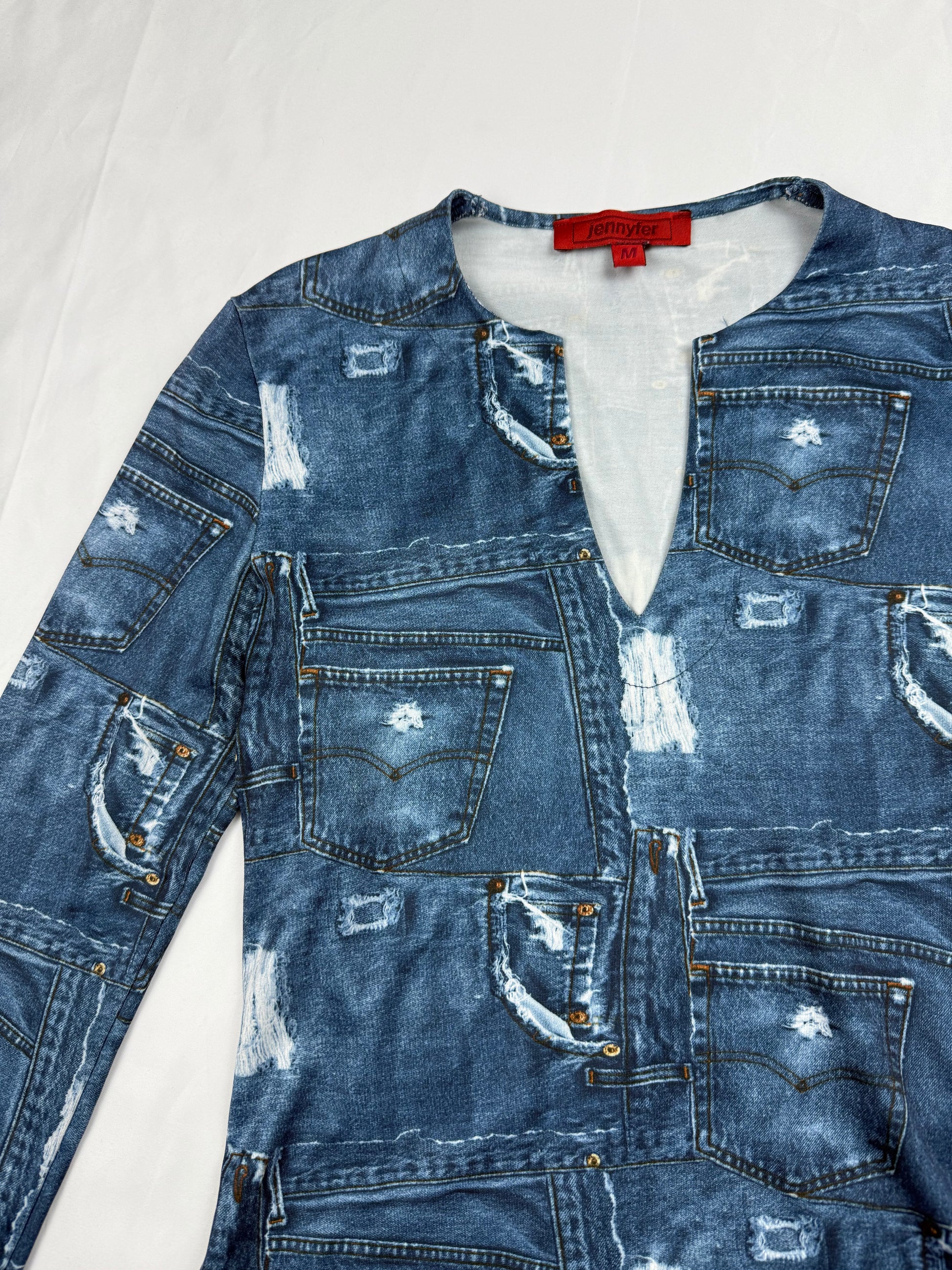 Blue denim print tight fit long sleeves top (S)