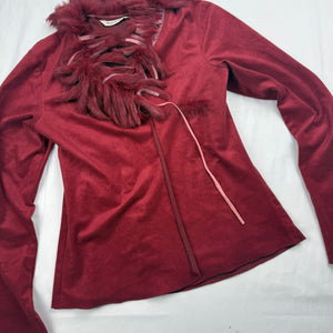 Burgundy red real fur & suede tie up cardigan top (S/M)