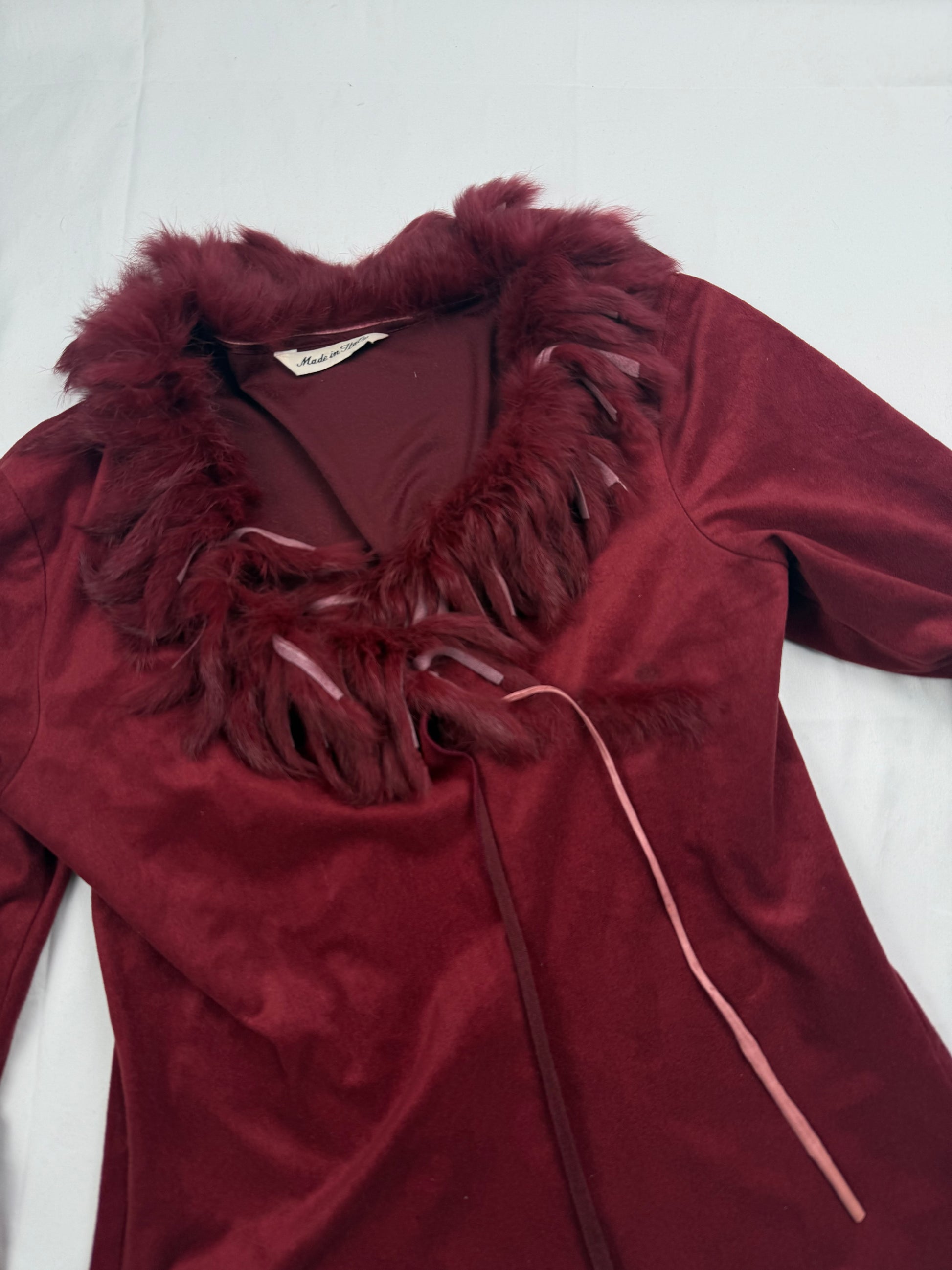 Burgundy red real fur & suede tie up cardigan top (S/M)