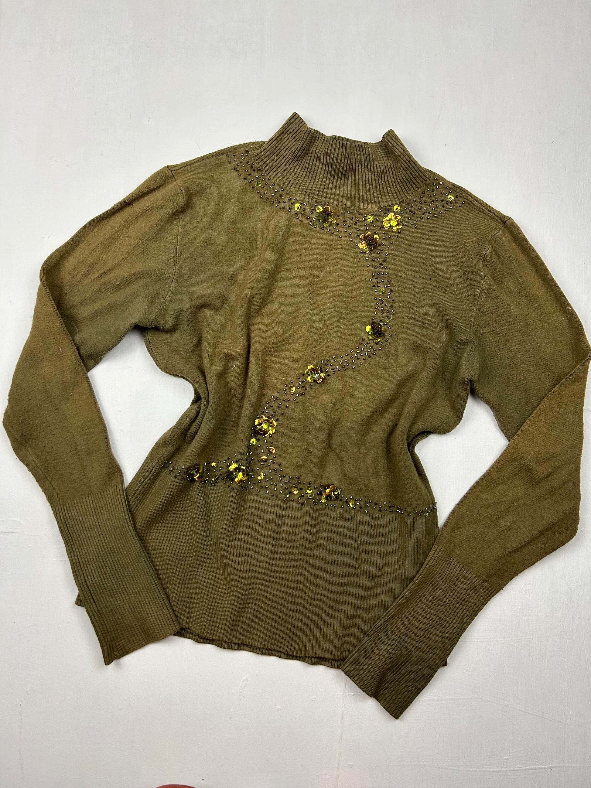 Khaki stretchy high neck sequins jumper (S/M)