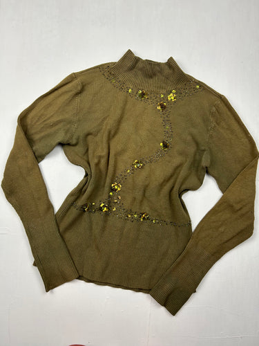 Khaki stretchy high neck sequins jumper (S/M)