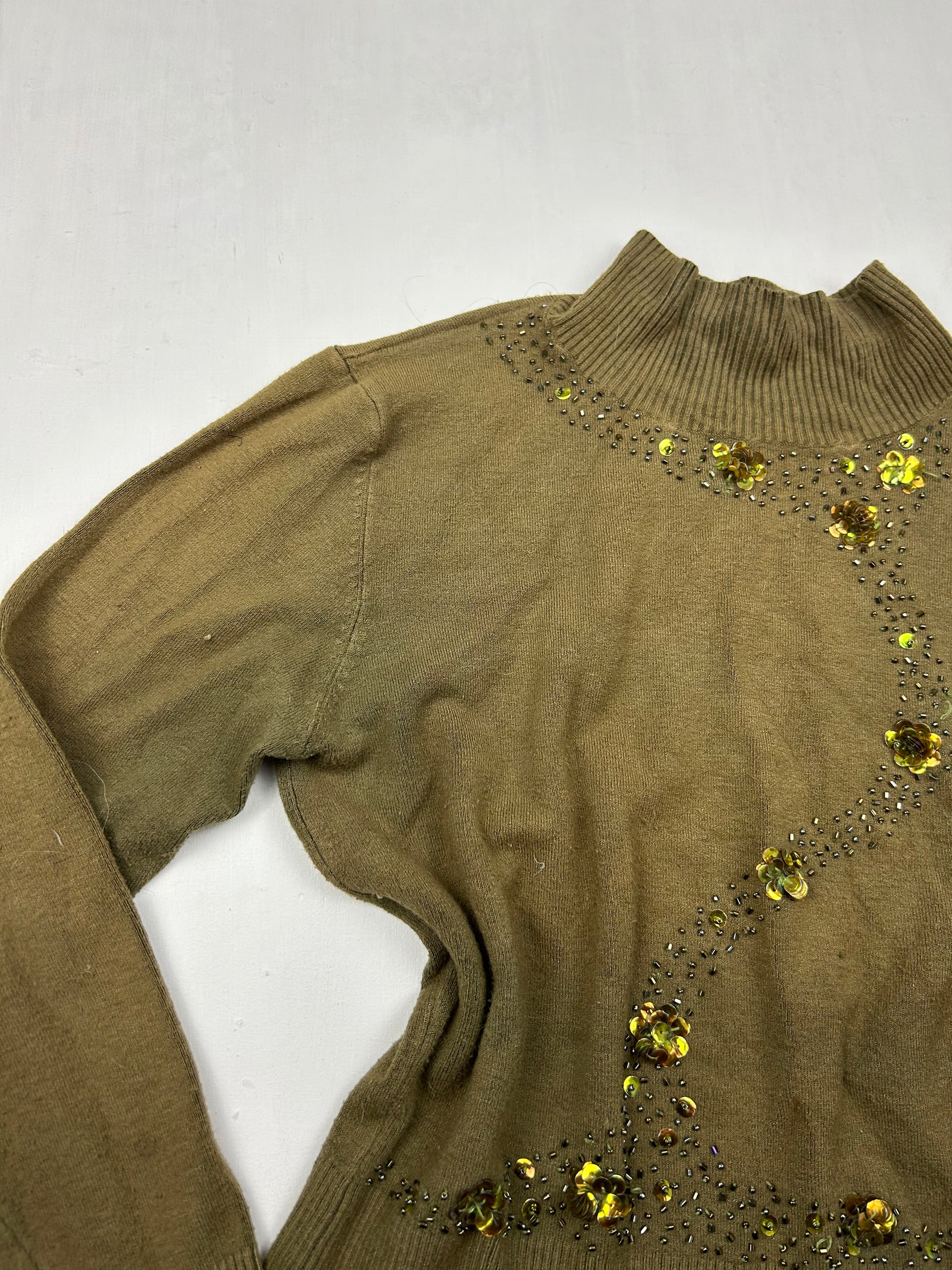 Khaki stretchy high neck sequins jumper (S/M)