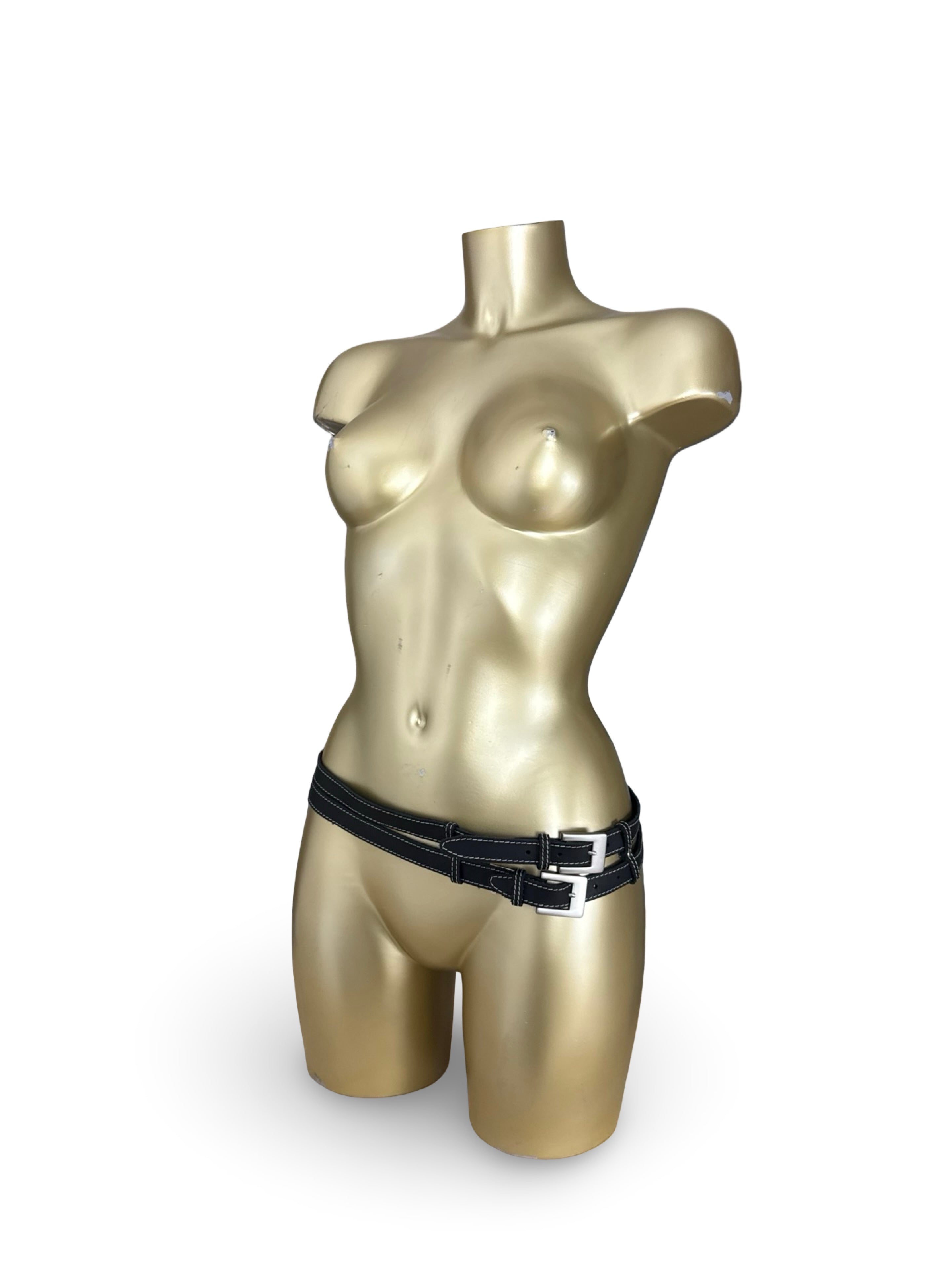 Black real leather double buckle belt
