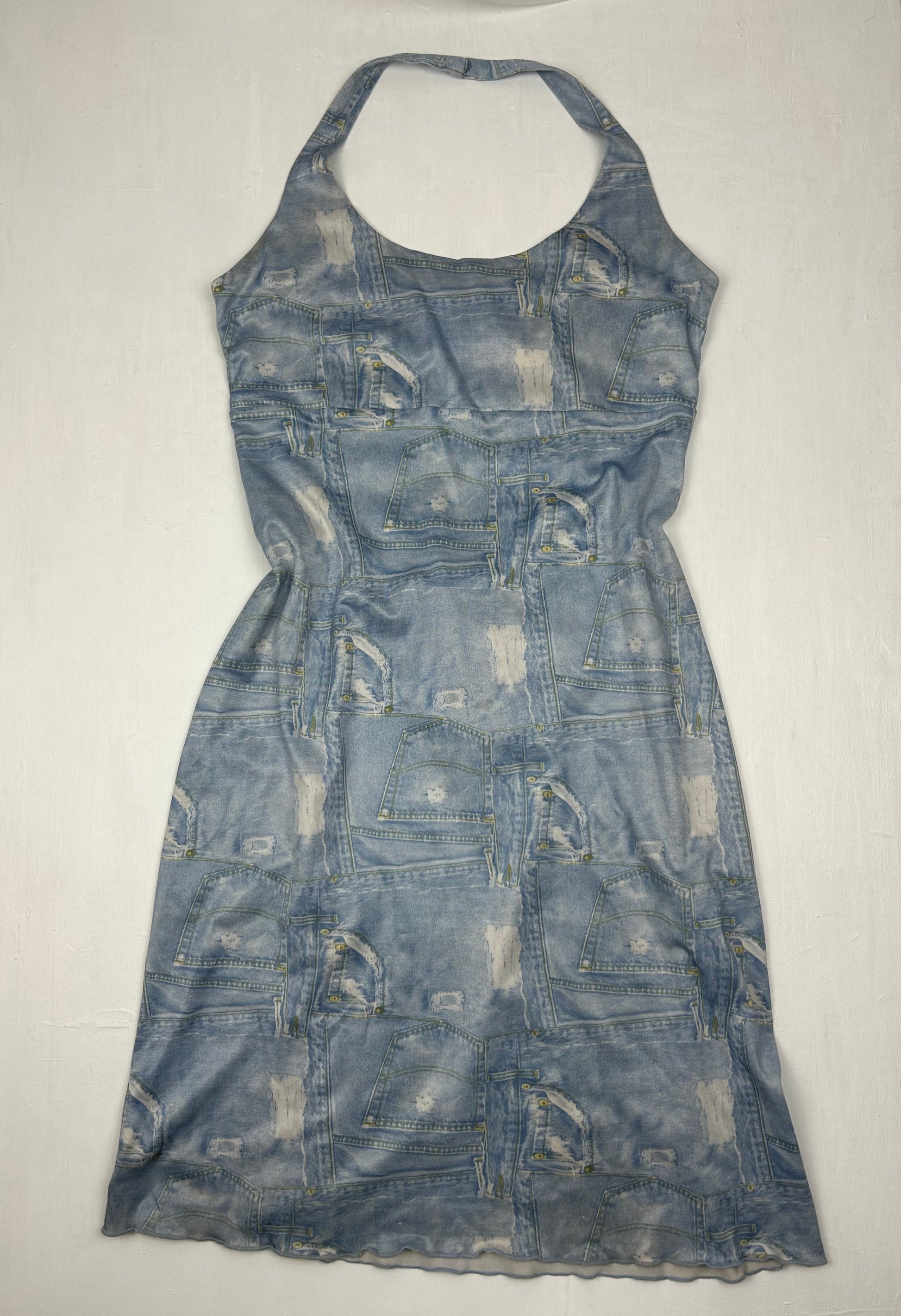 Blue denim graphic print stretchy backless mini dress (M/L)