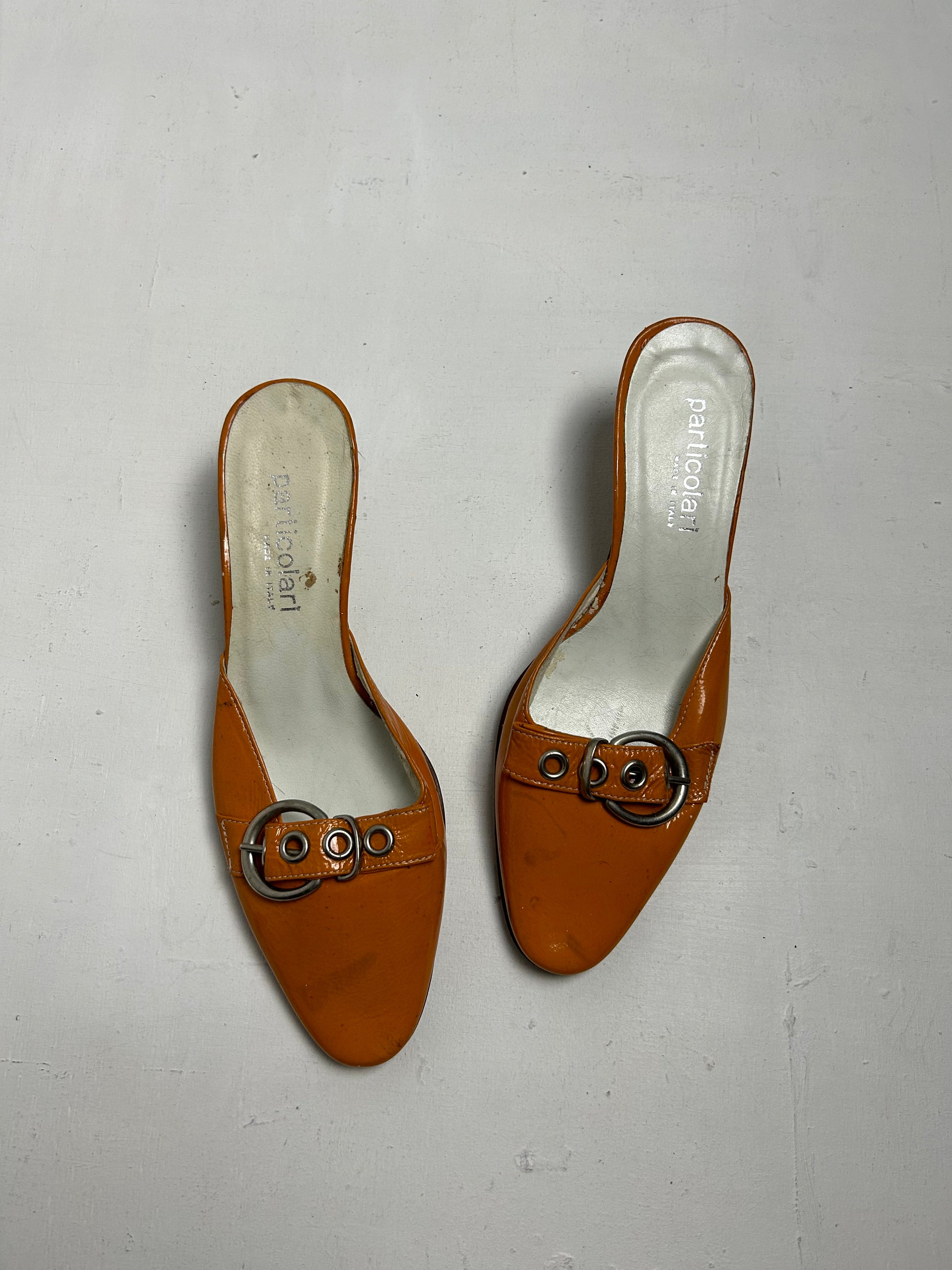 Orange real leather buckle kitten heels mules shoes (37)