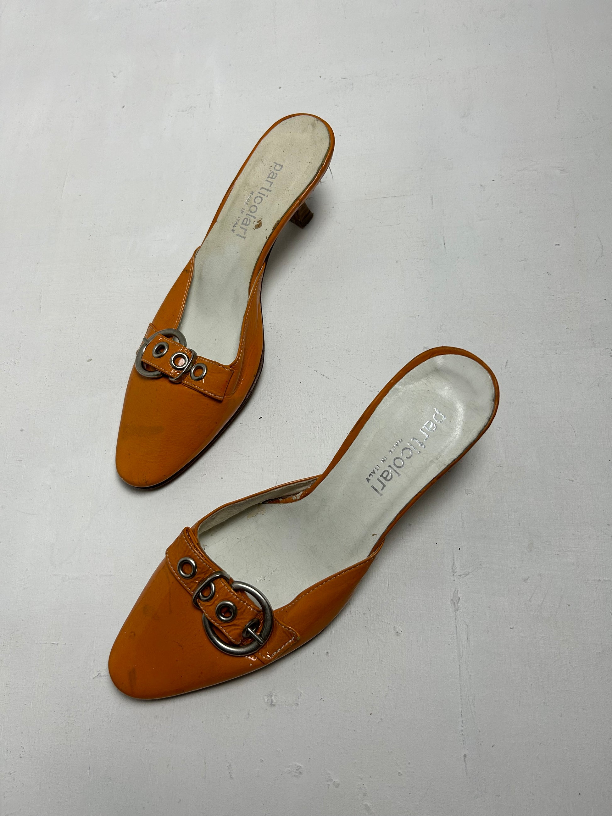 Orange real leather buckle kitten heels mules shoes (37)