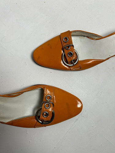 Orange real leather buckle kitten heels mules shoes (37)