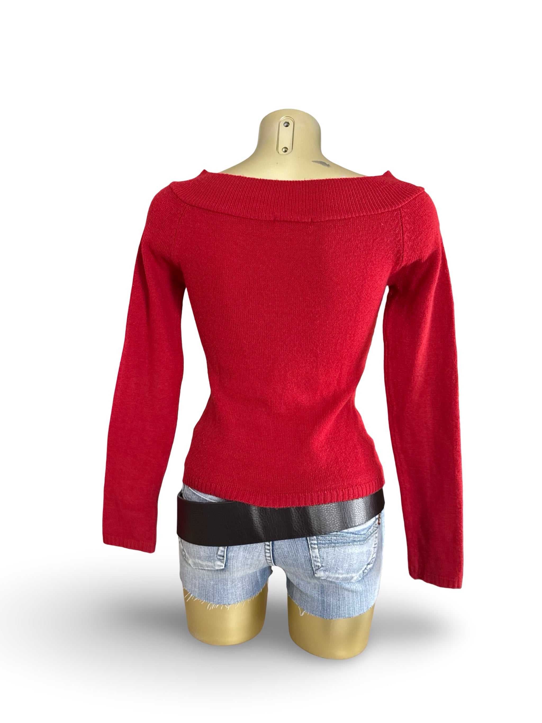 Red tight fit bardot neck jumper (L)