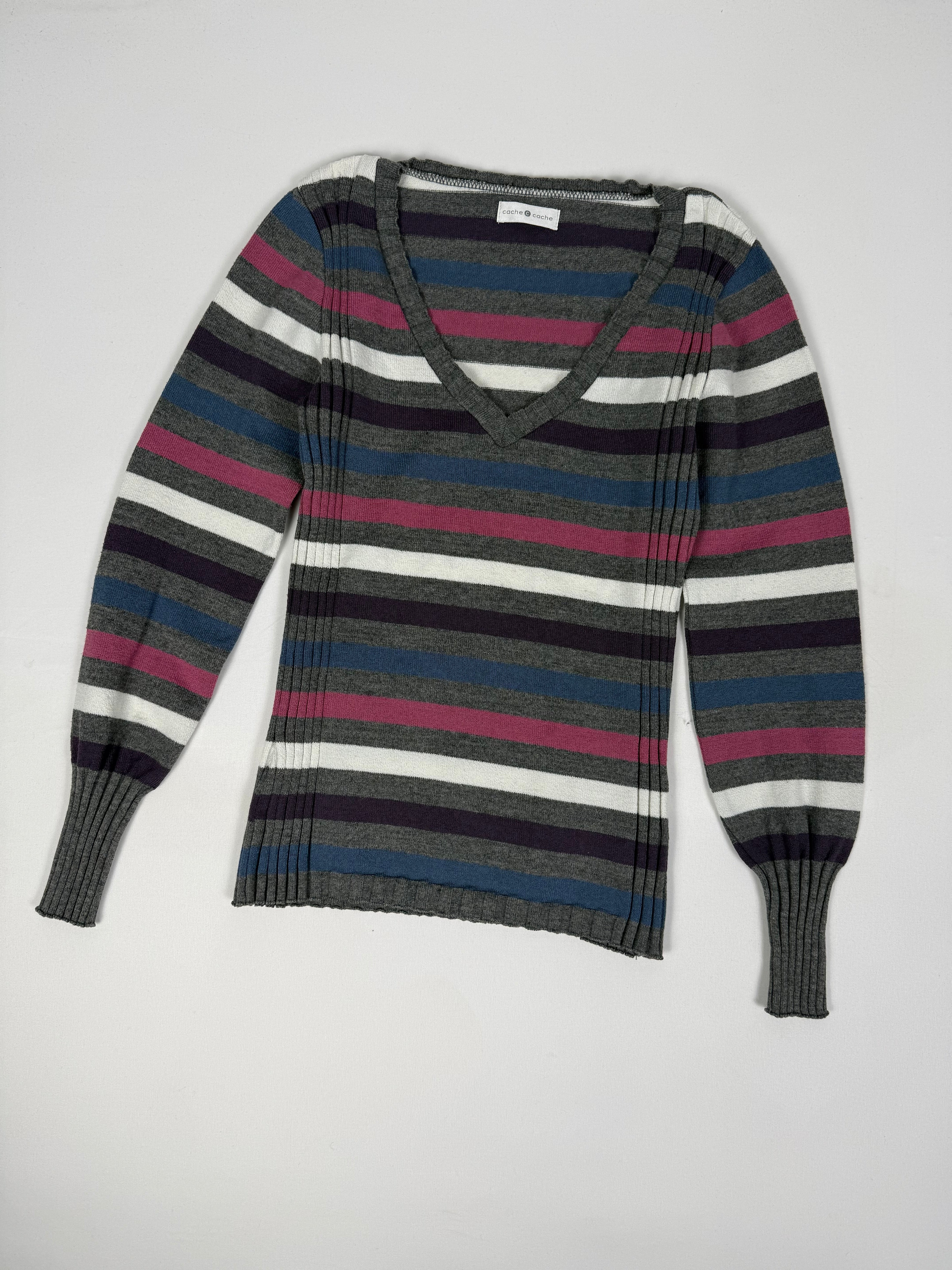 Grey striped V neck jumper (L)