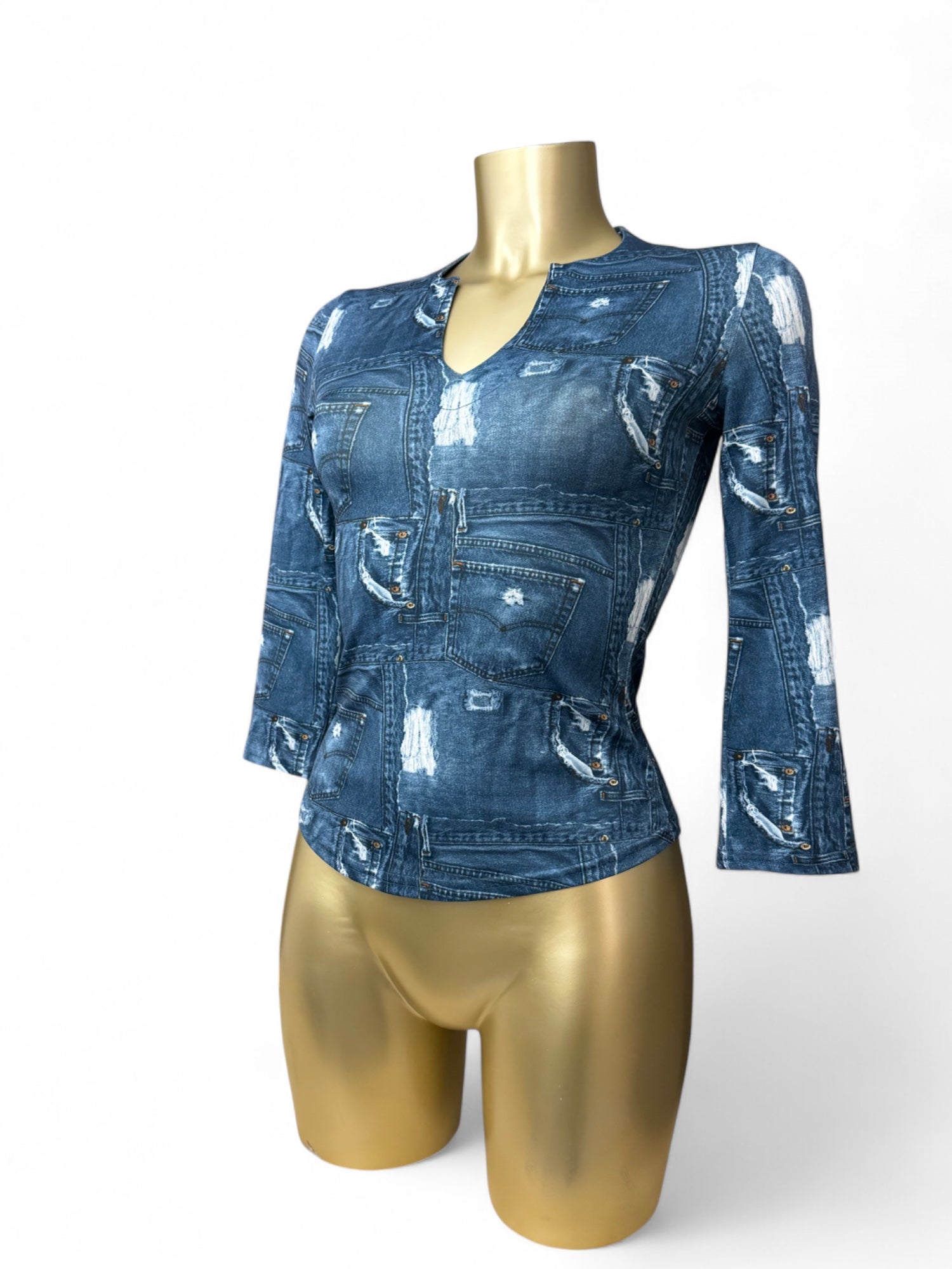 Blue denim print tight fit long sleeves top (S)