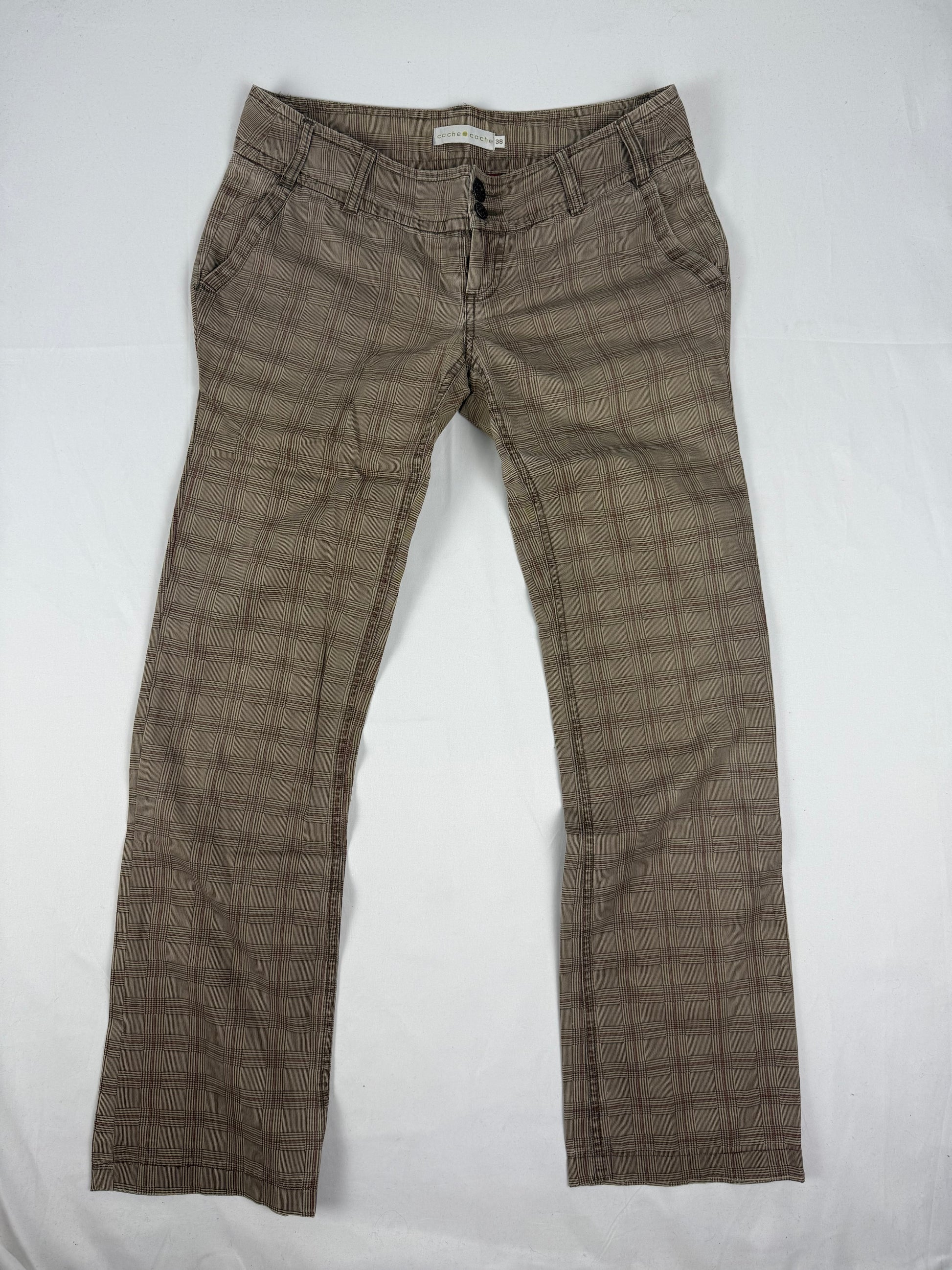 Beige check print low rise straight legs pants (S)