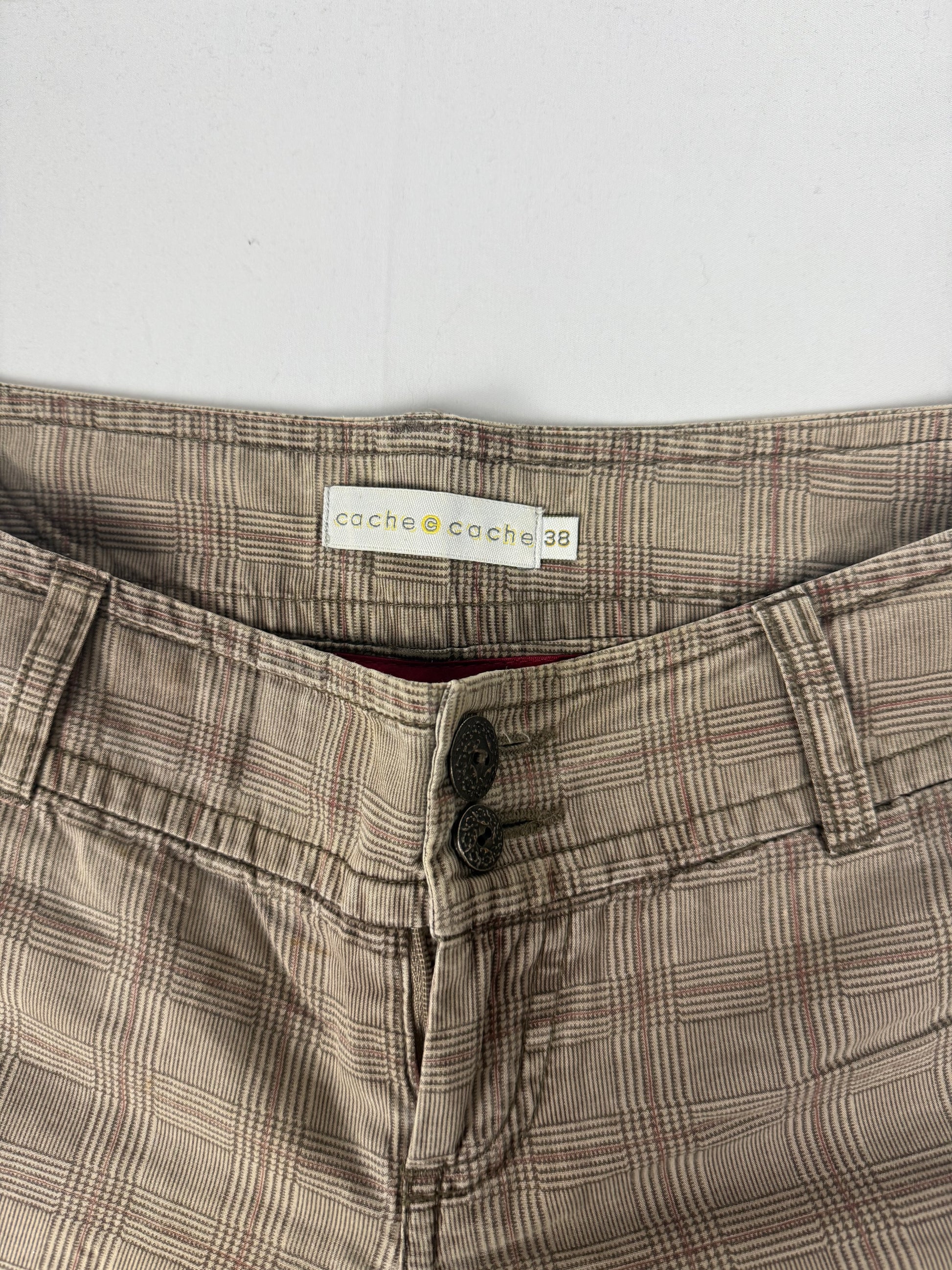 Beige check print low rise straight legs pants (S)