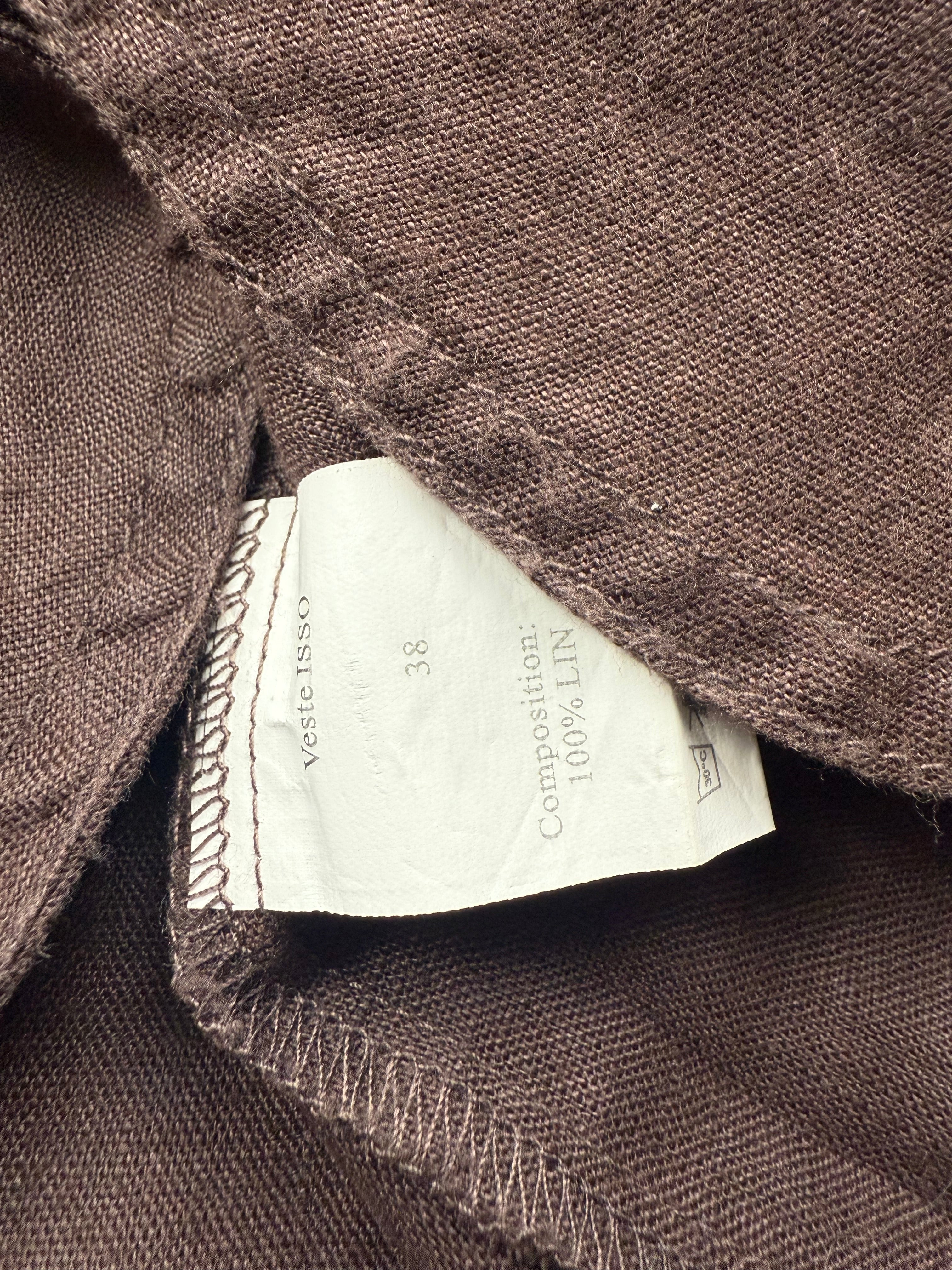 Brown 100% linen tight fit zip up office jacket (M)