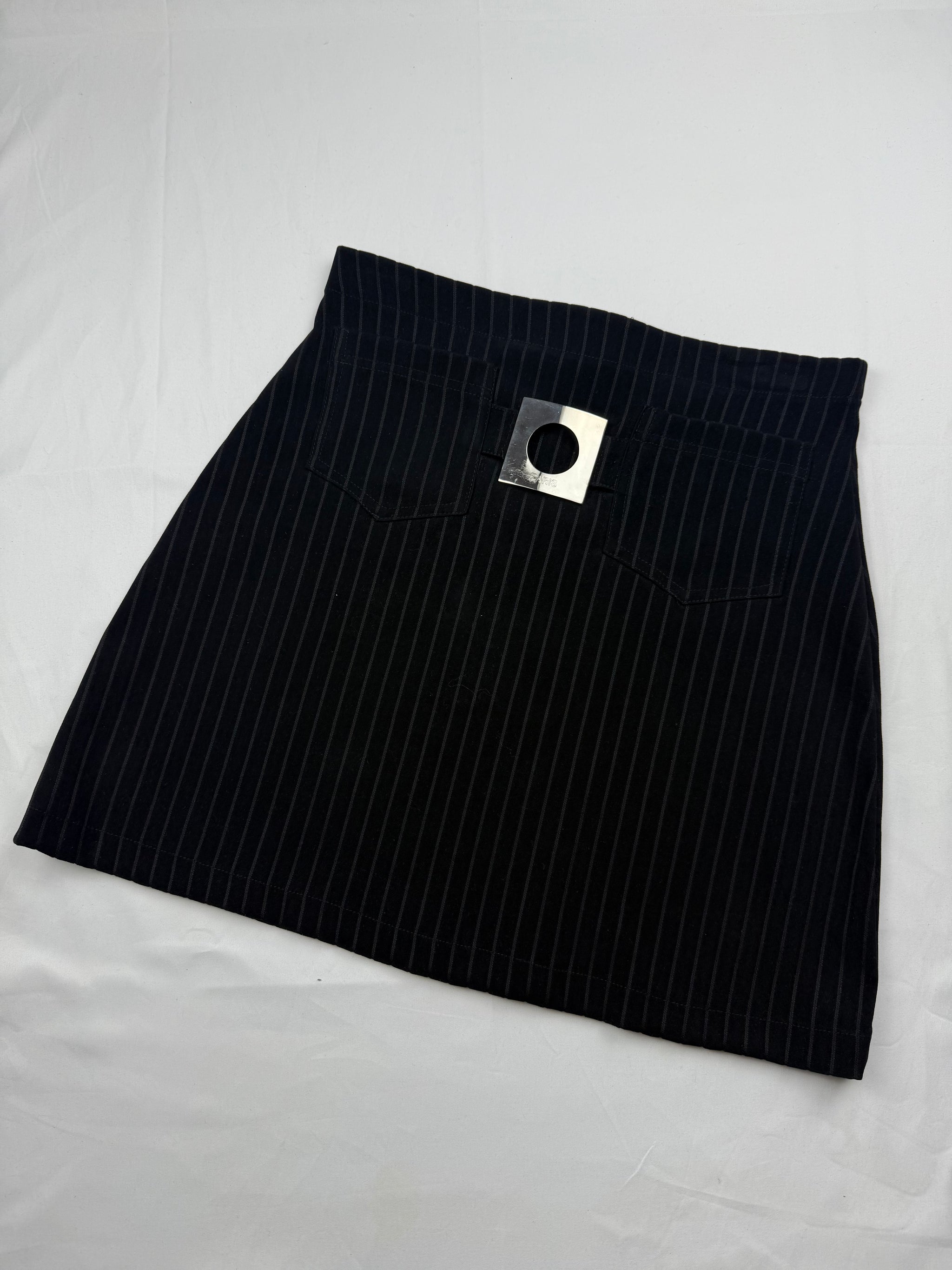 Black striped buckle belt office siren mini skirt (S)