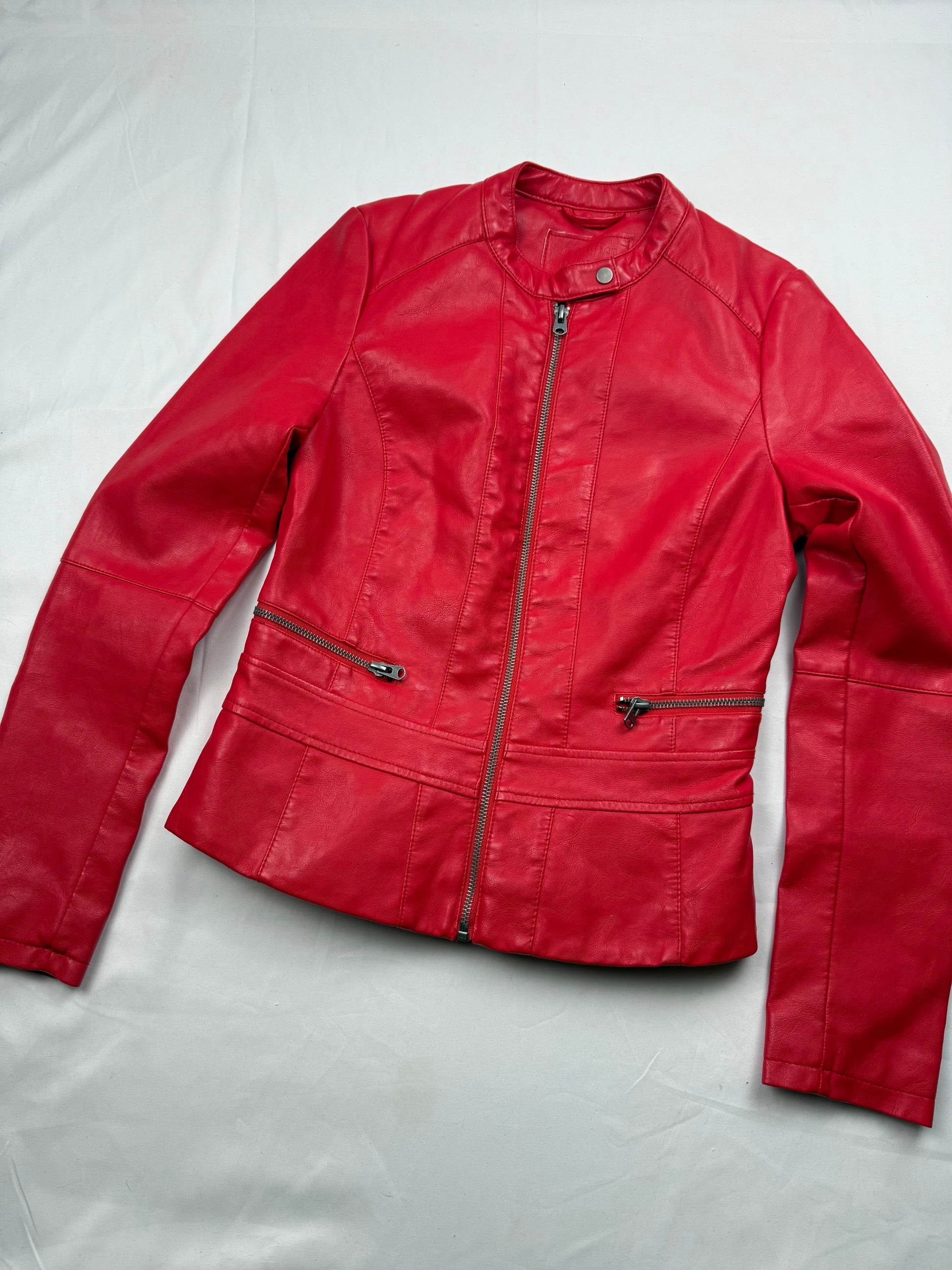 Red pvc leather tight fit biker jacket (XS)
