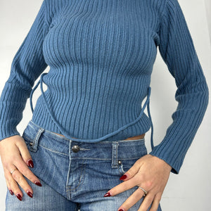 Blue ribbed tie up belt high neck  jumper (S)