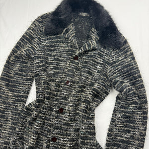 Grey faux fur neck long cardigan (S/M)