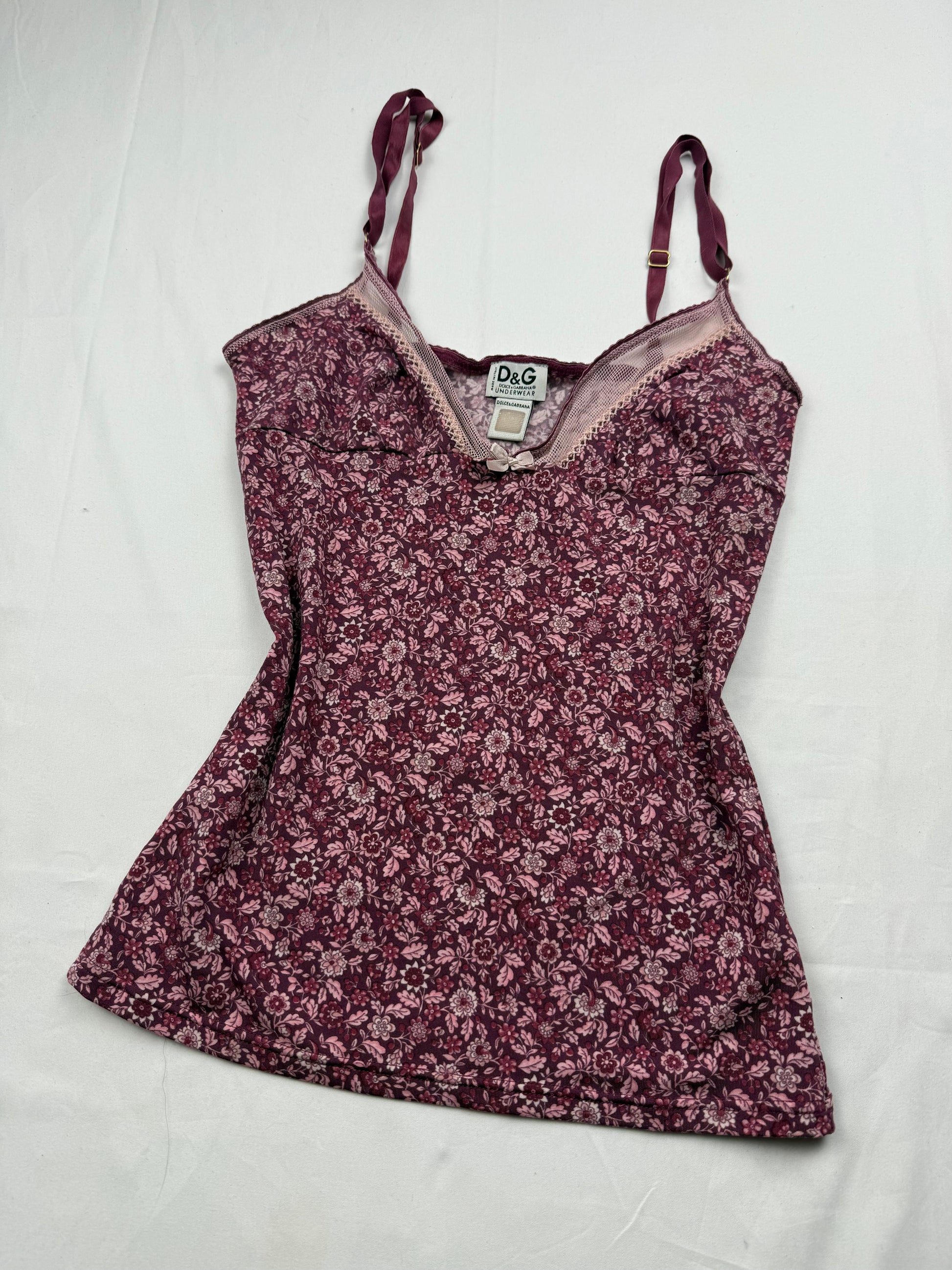 Purple floral tight fit lycra babydoll cami top (XS)