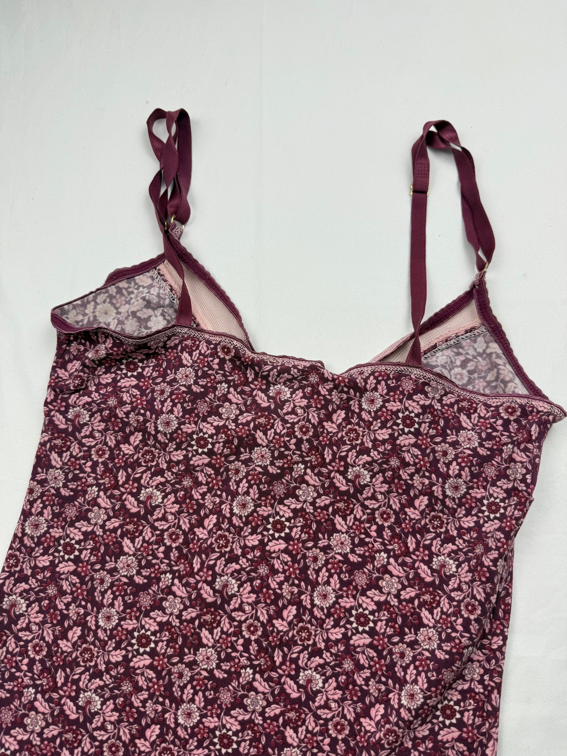 Purple floral tight fit lycra babydoll cami top (XS)