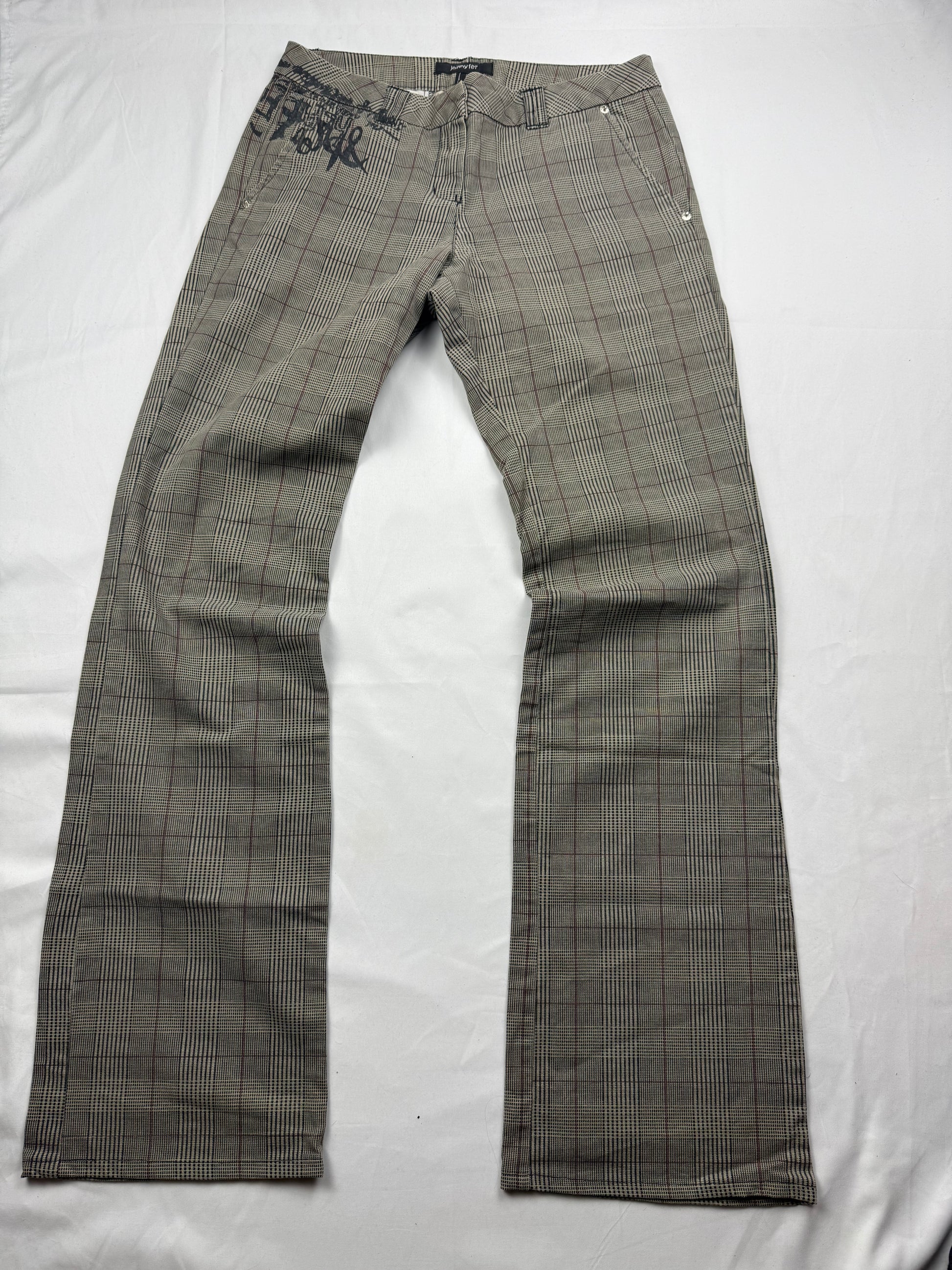 Brown check print low rise denim bootcut pants (M)