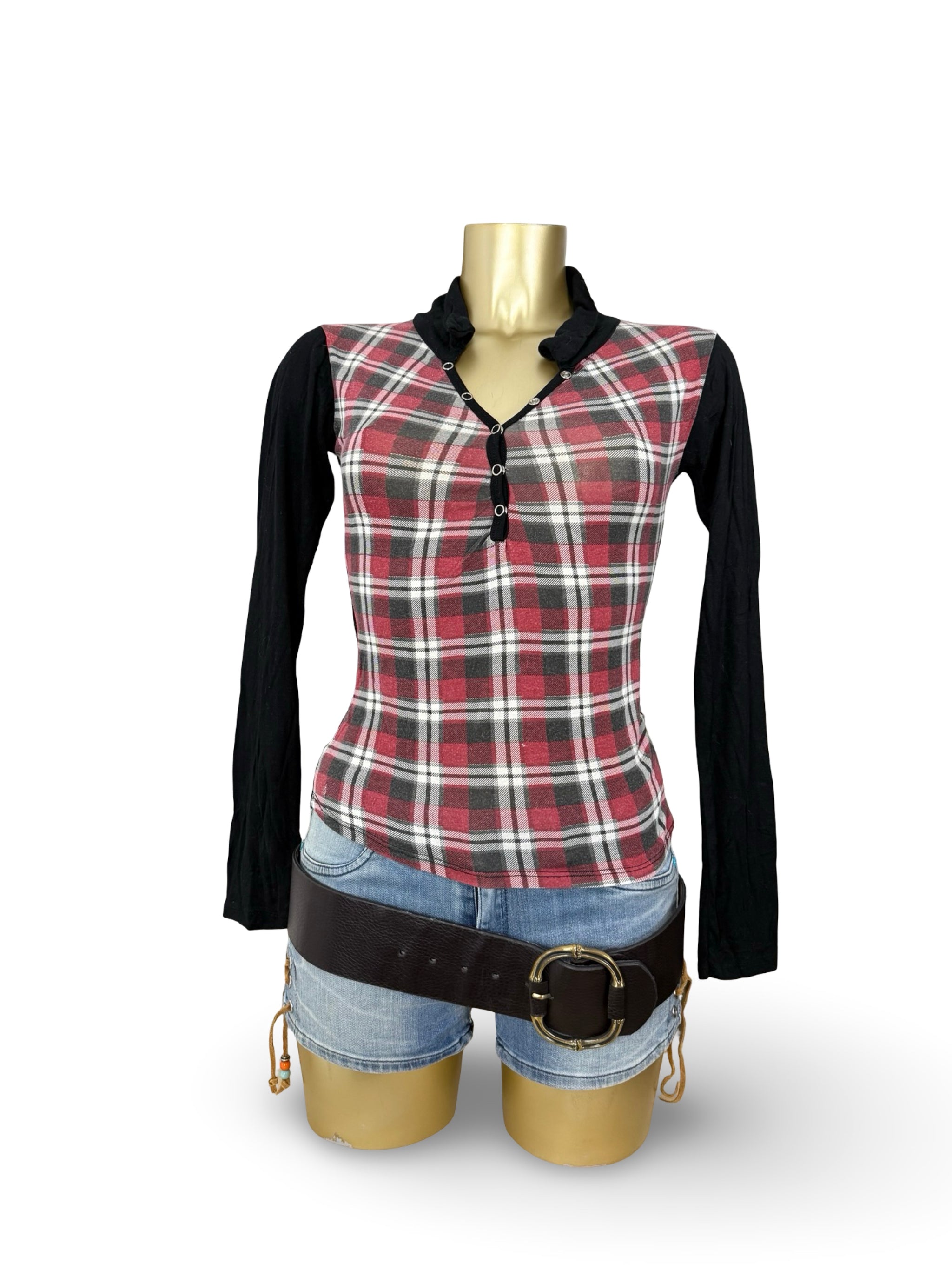 Burgundy & black polo neck long sleeves top (S)