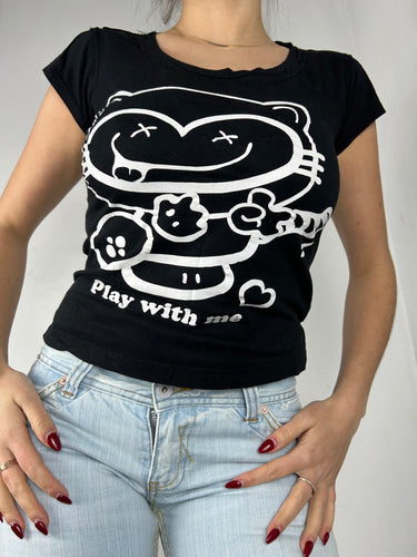 Bicolor black cartoon logo cotton tee (S)