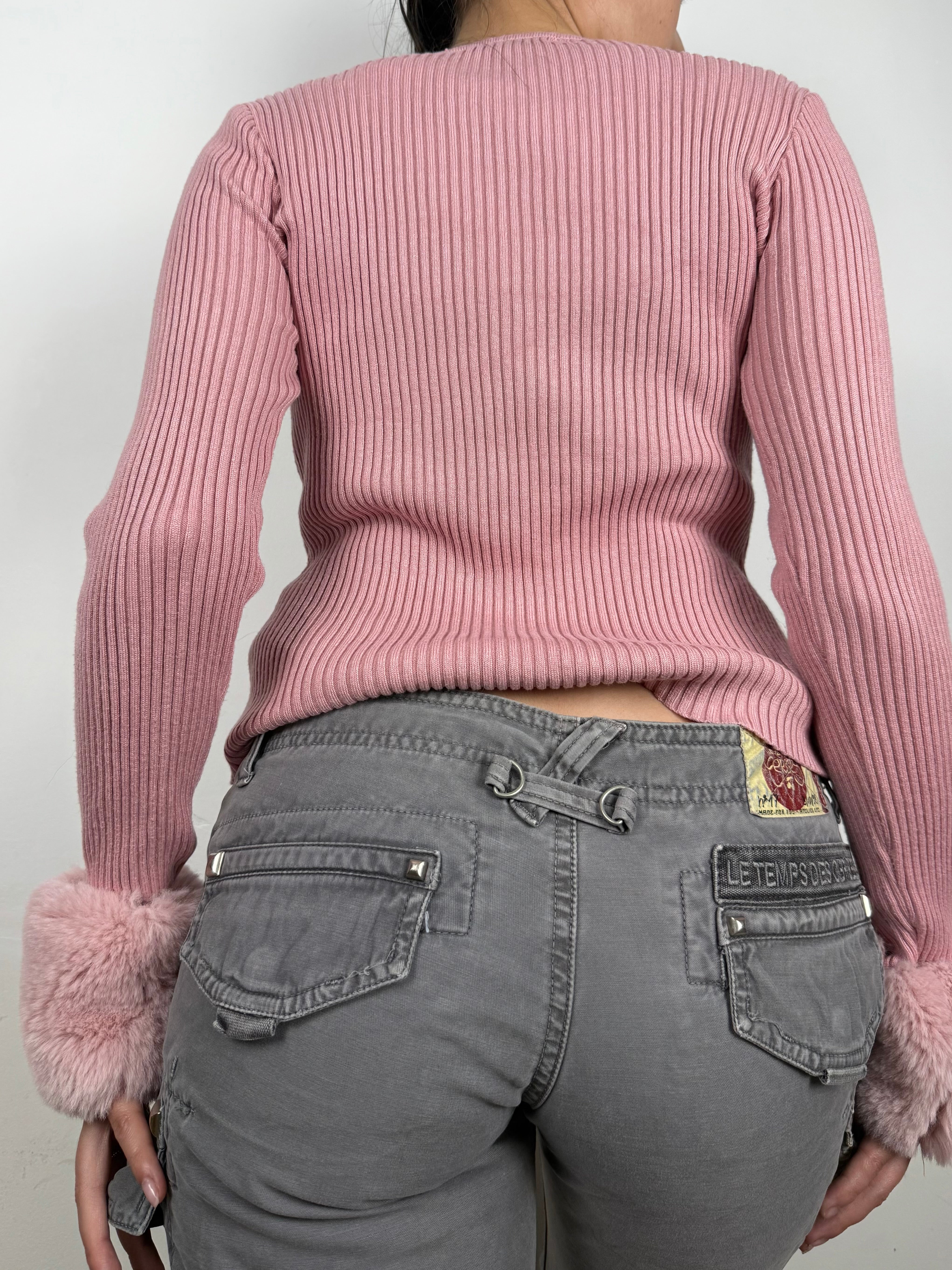 Pink ribbed faux fur cardigan (S)