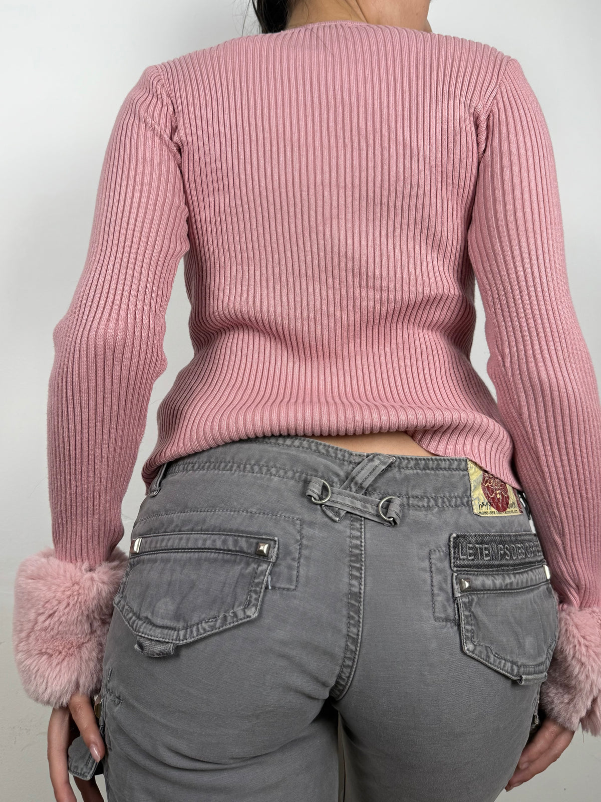 Pink ribbed faux fur cardigan (S)