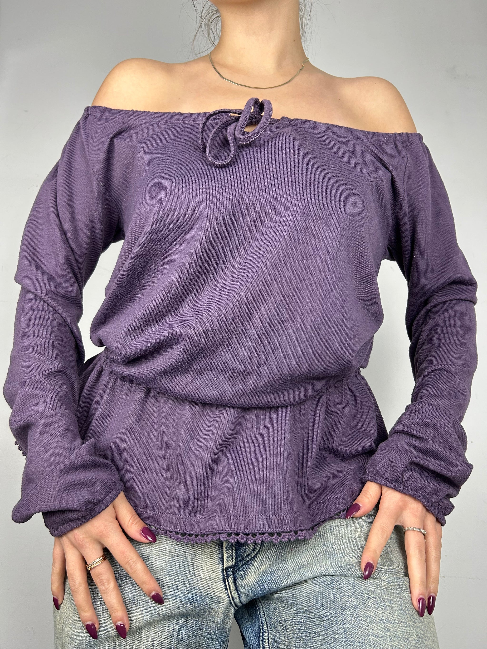 Purple tie up flared long sleeves top (M/L)