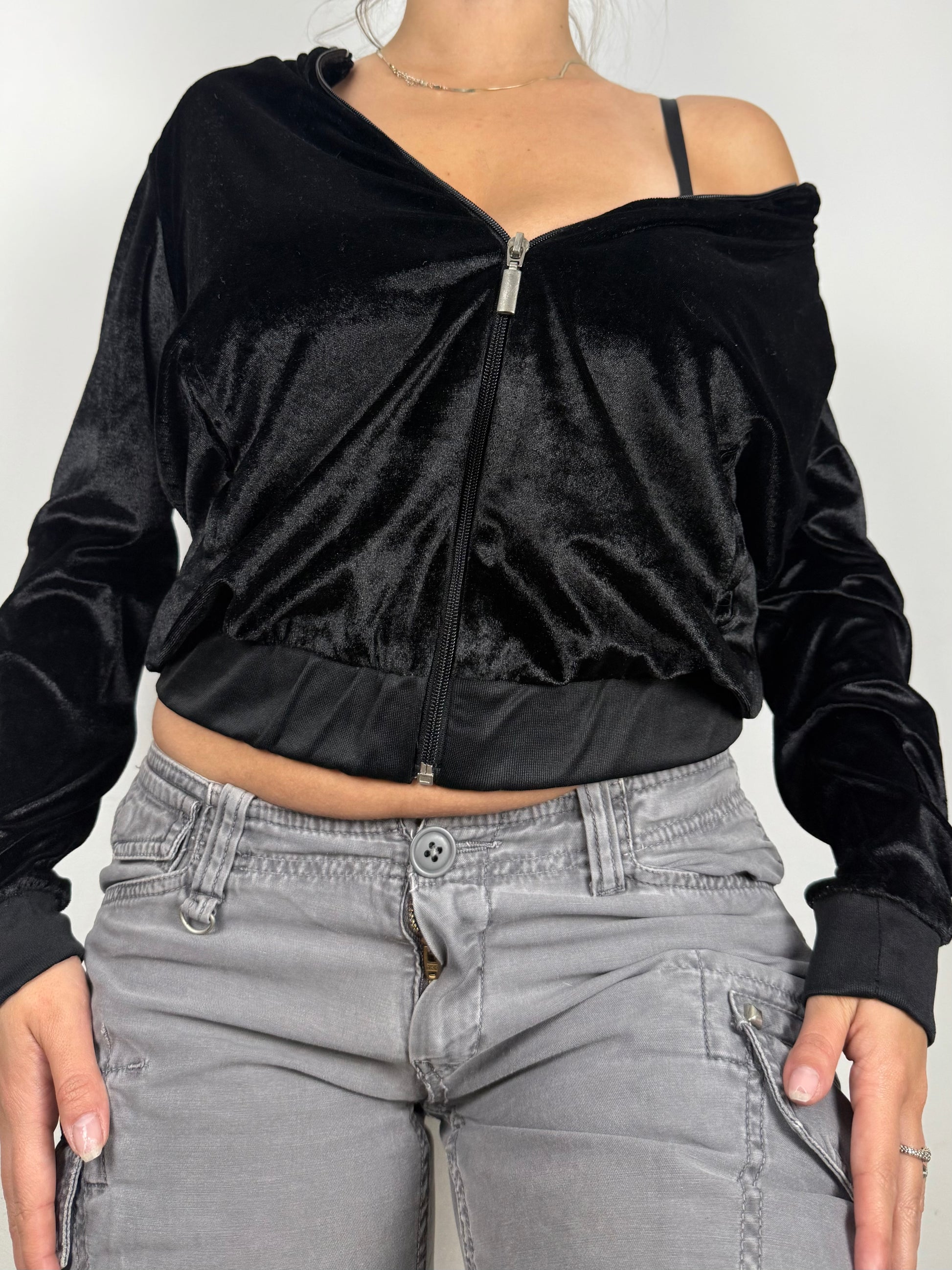 Black velvet zip up sweatshirt  (S/M)