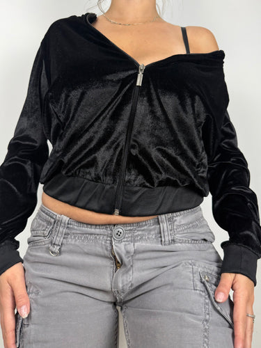 Black velvet zip up sweatshirt  (S/M)
