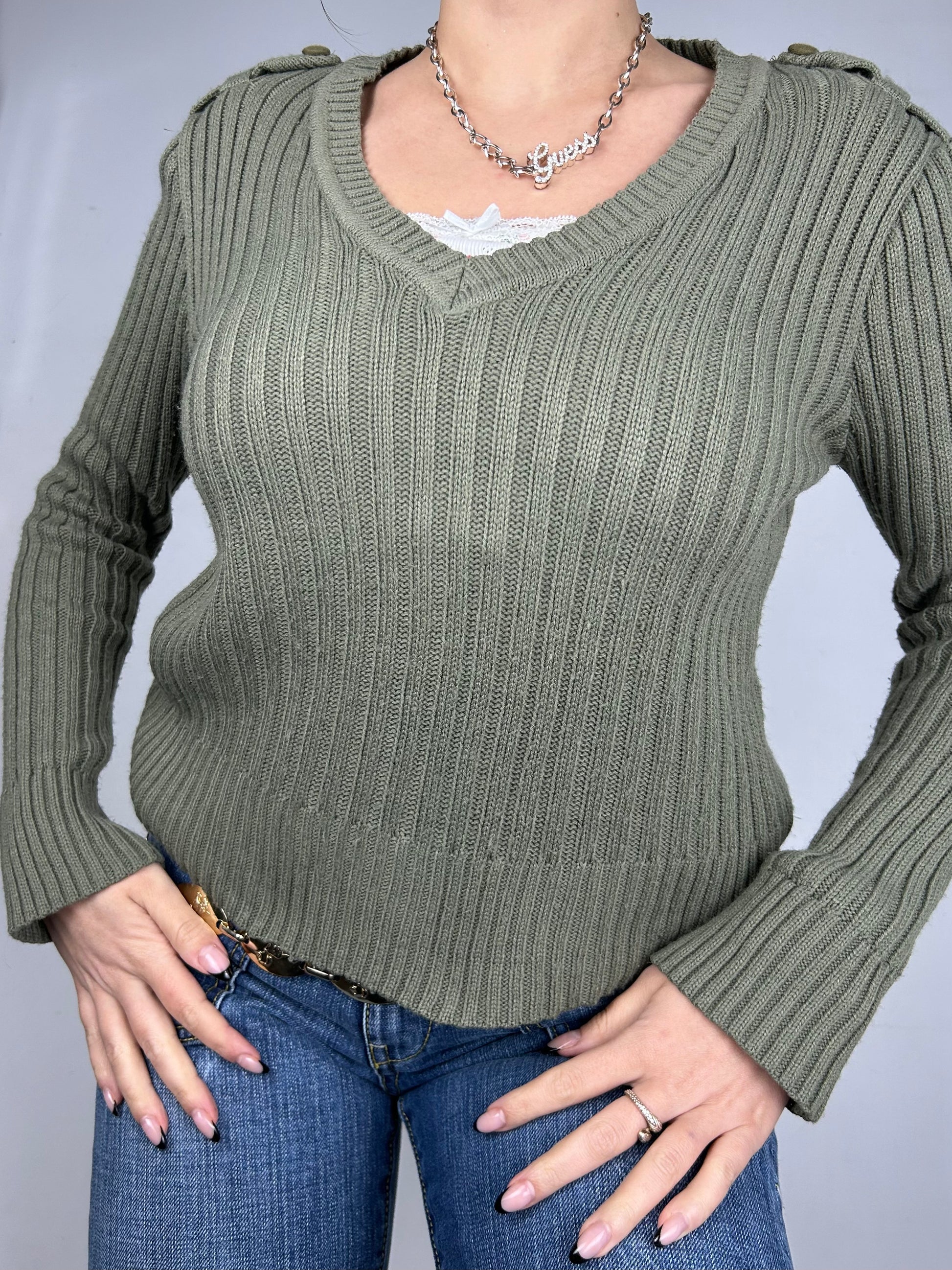 Khaki V neck  jumper (S)