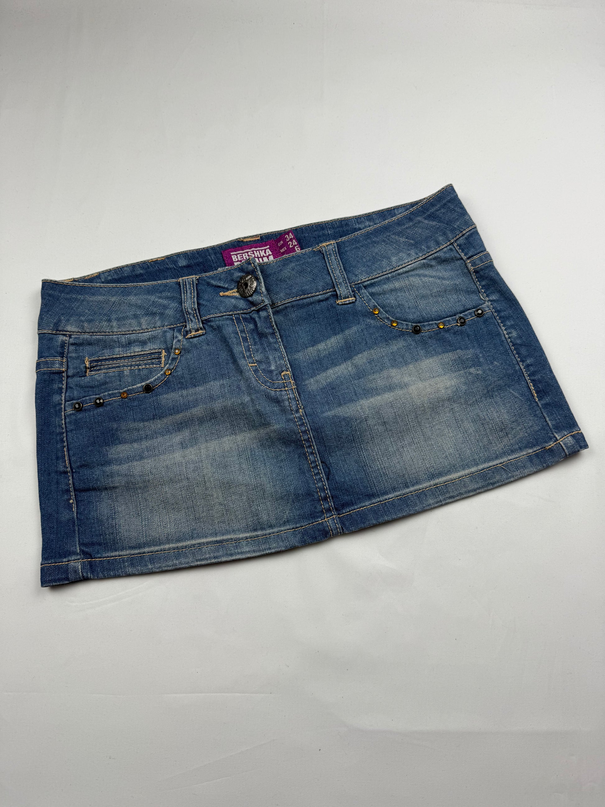 Blue low rise denim mini skirt (XS)