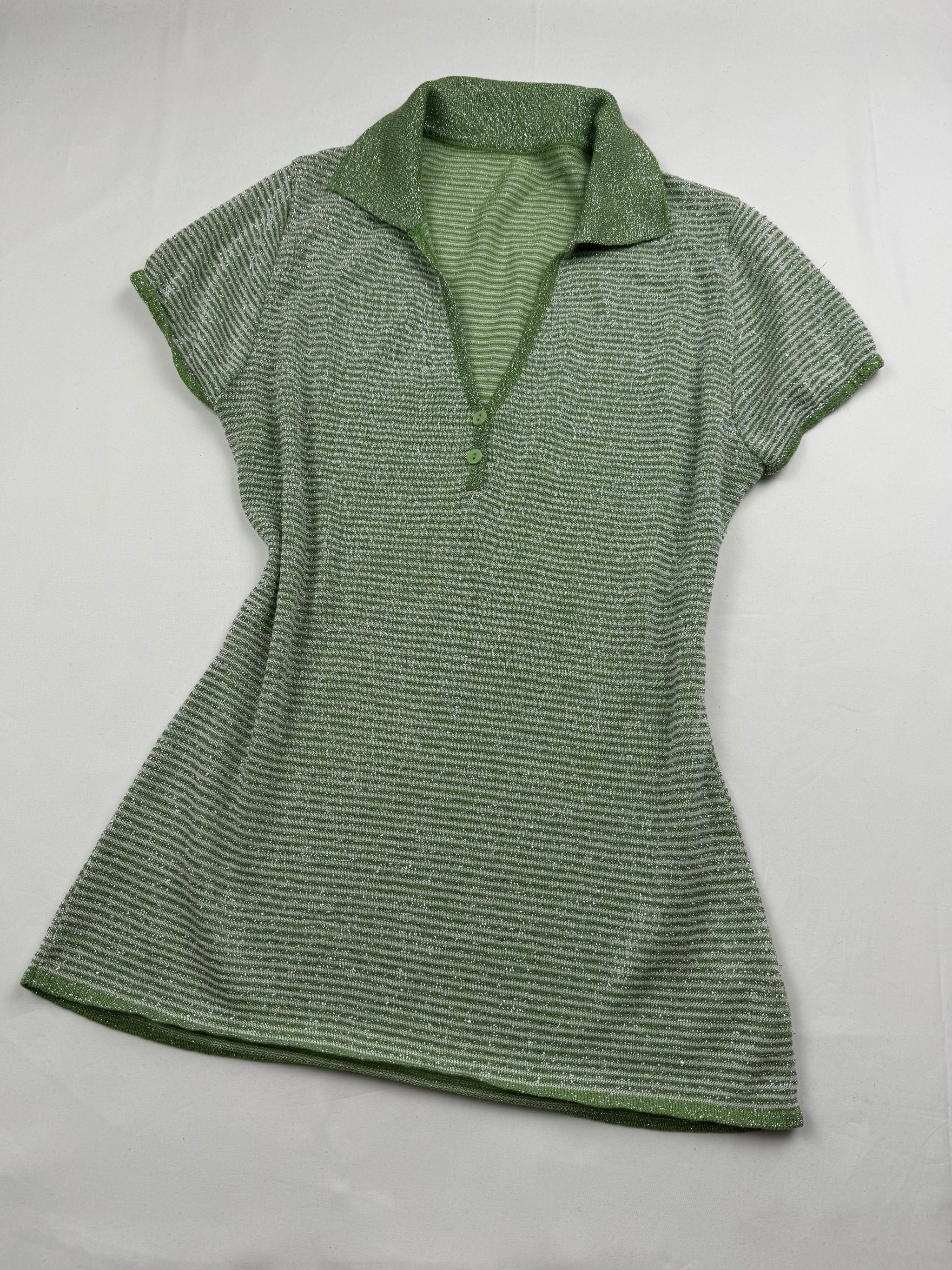 Green striped shinning polo neck tee (M)