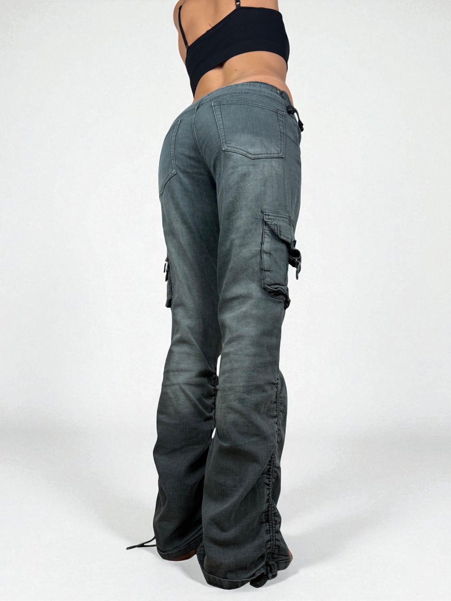 Denim cargo ruched low rise baggy pants (S/M)